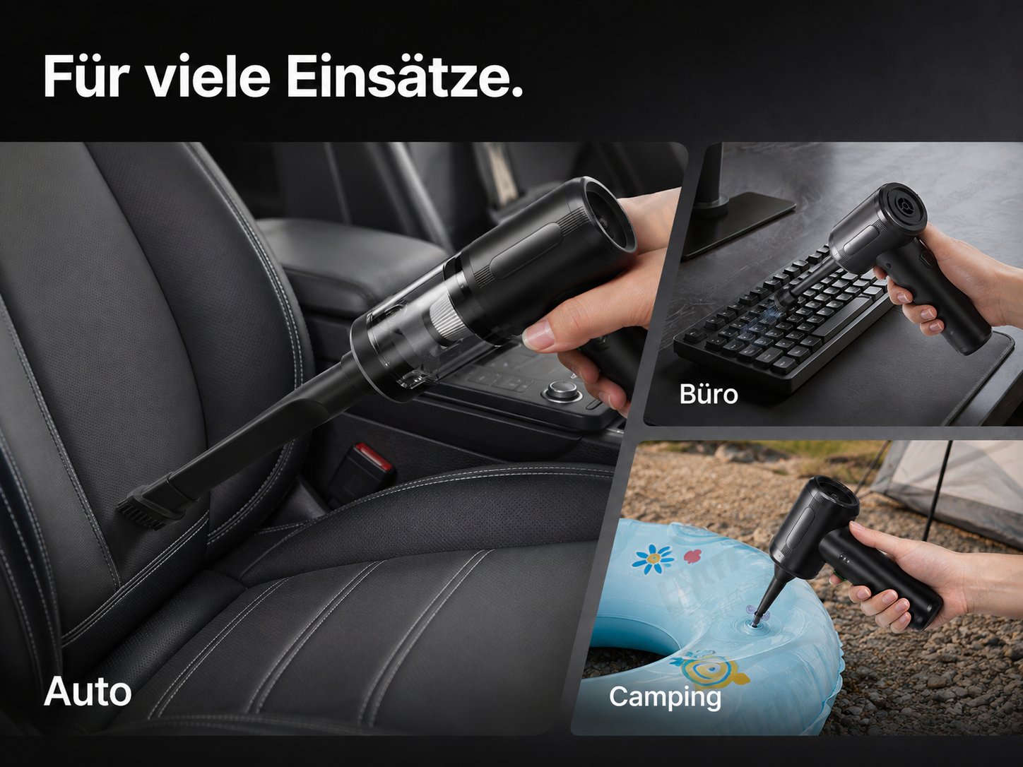 Ein schwarzer Handstaubsauger im Einsatz im Auto, auf einer Tastatur und beim Camping.
