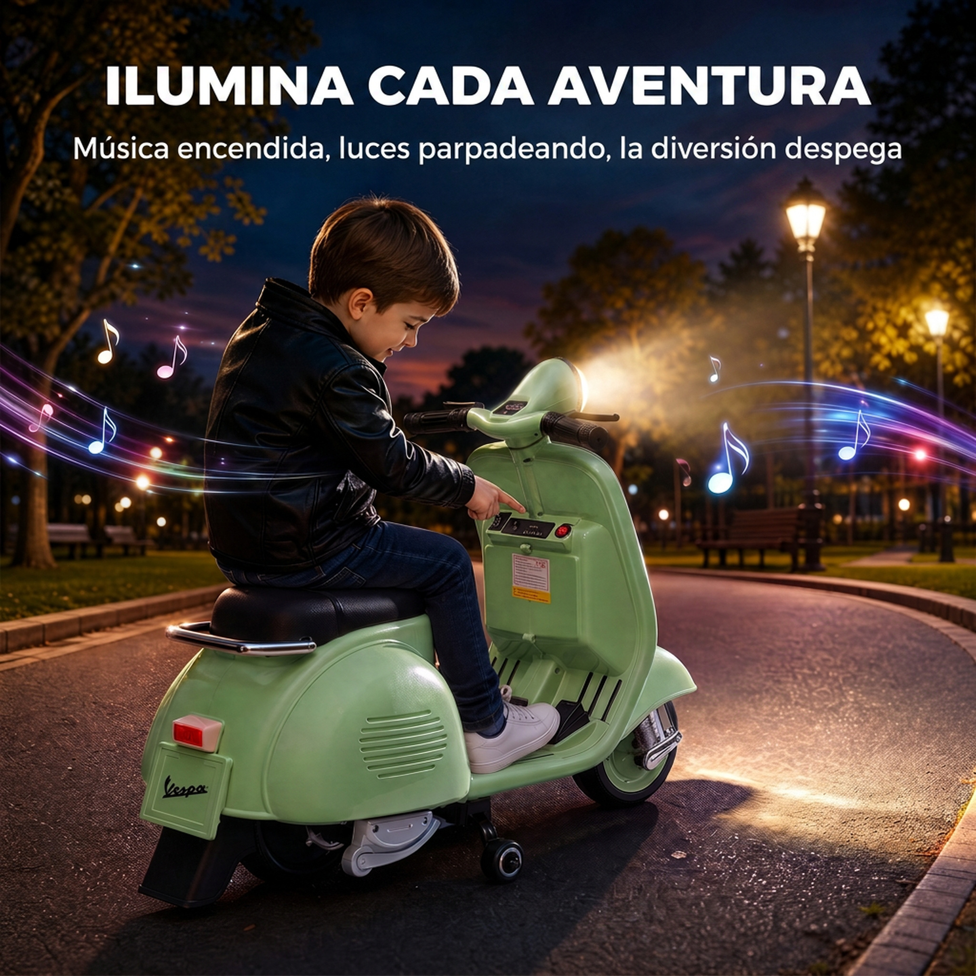 Un niño monta un patinete de juguete verde con luces en un parque por la noche.