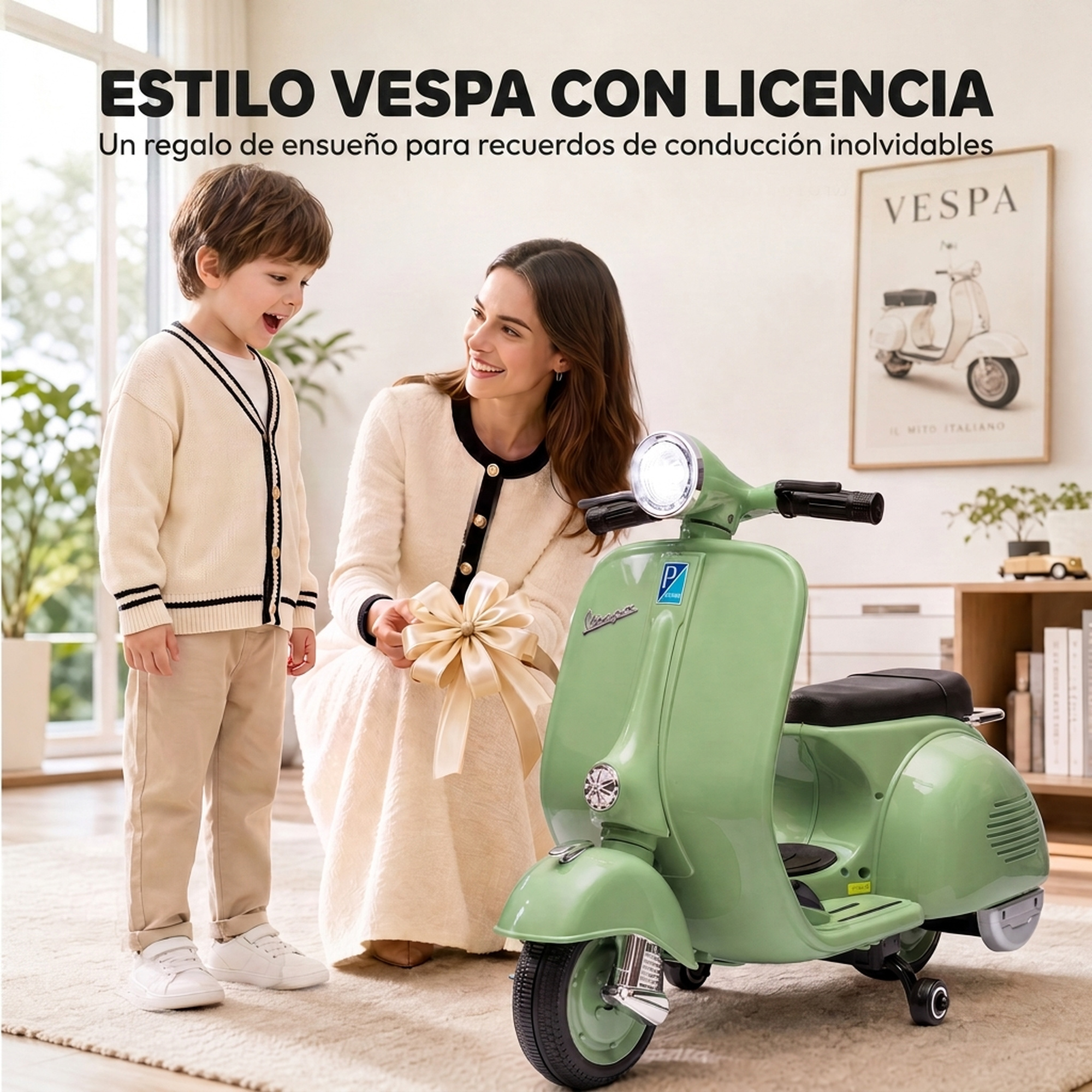 Una mujer regala un motoneta Vespa verde a un niño sonriente en una sala luminosa.