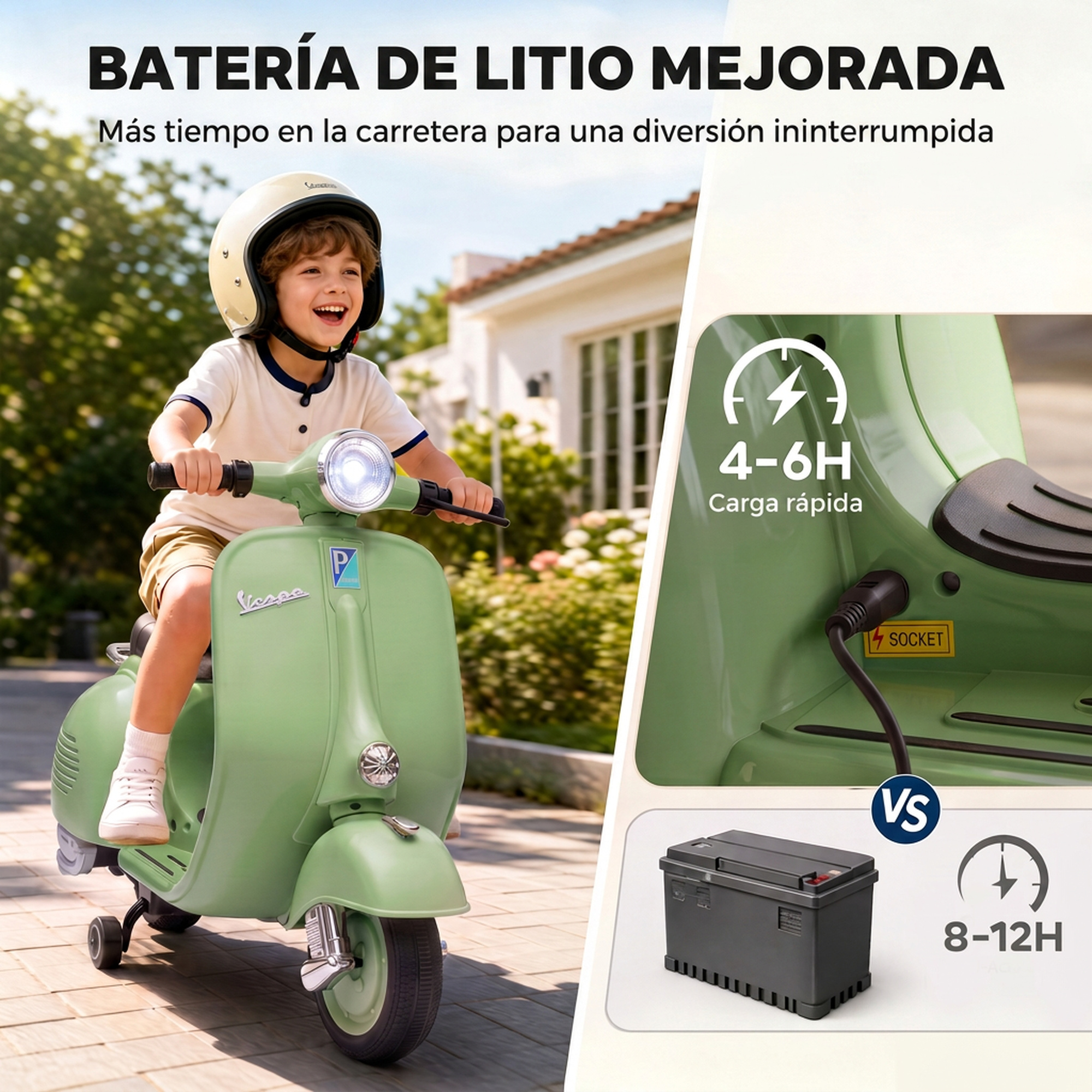 Un niño monta en un scooter eléctrico verde, con detalles de la batería.
