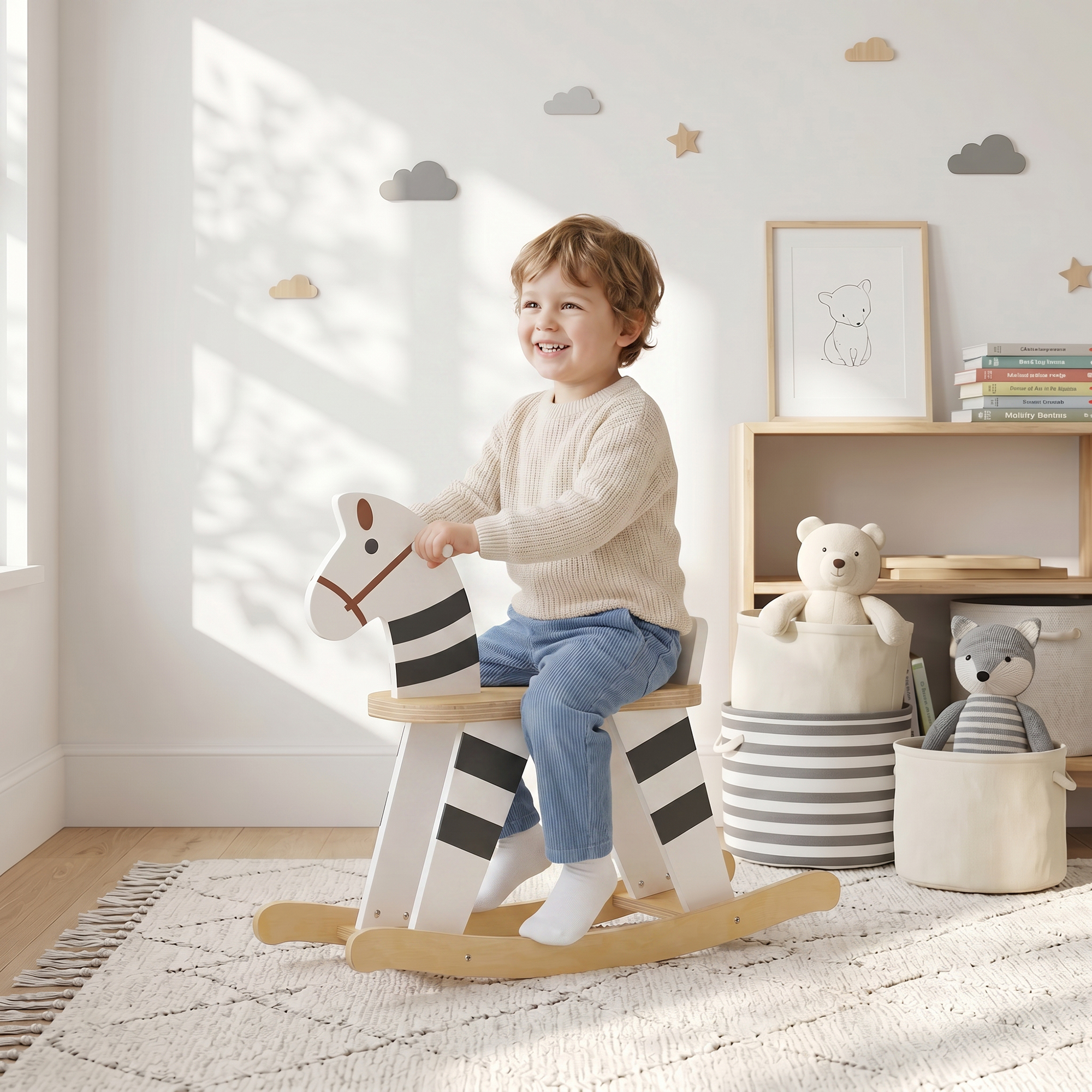 Niño pequeño riendo mientras monta un caballo balancín de cebra en una habitación infantil luminosa.