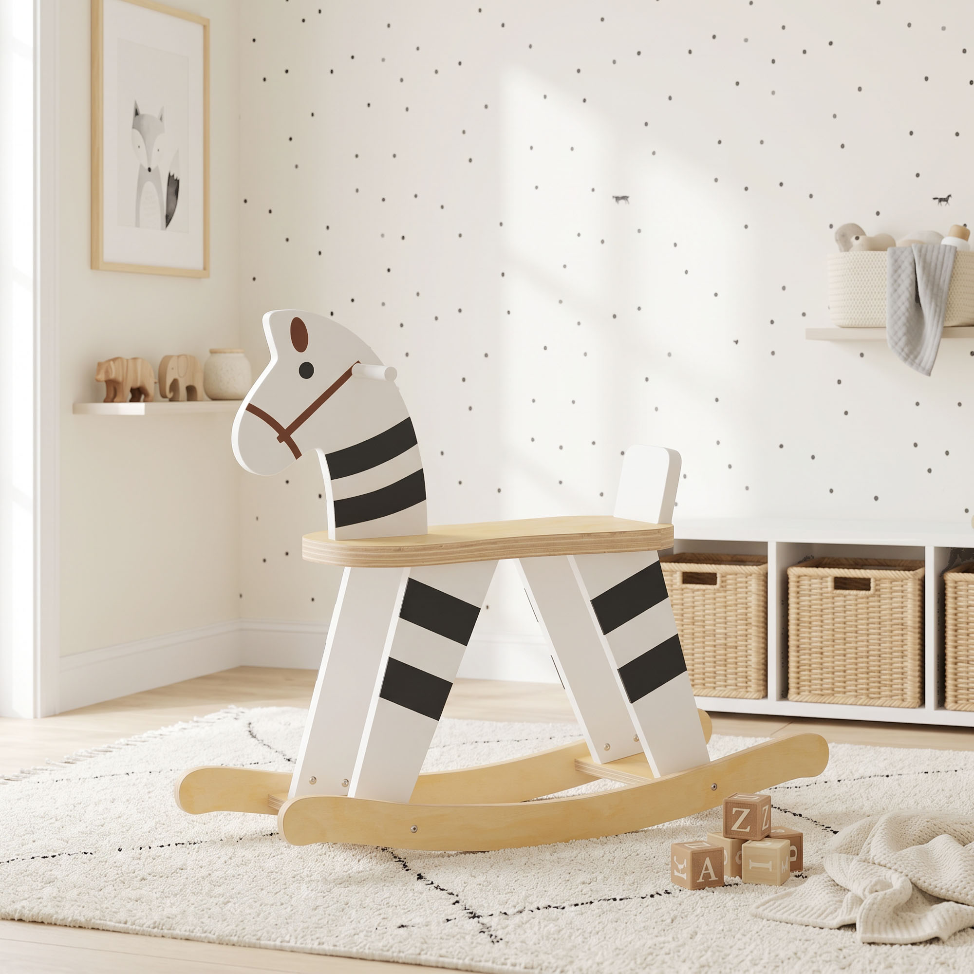 Un caballito balancín de madera con diseño de cebra se encuentra en una habitación infantil luminosa sobre una alfombra.