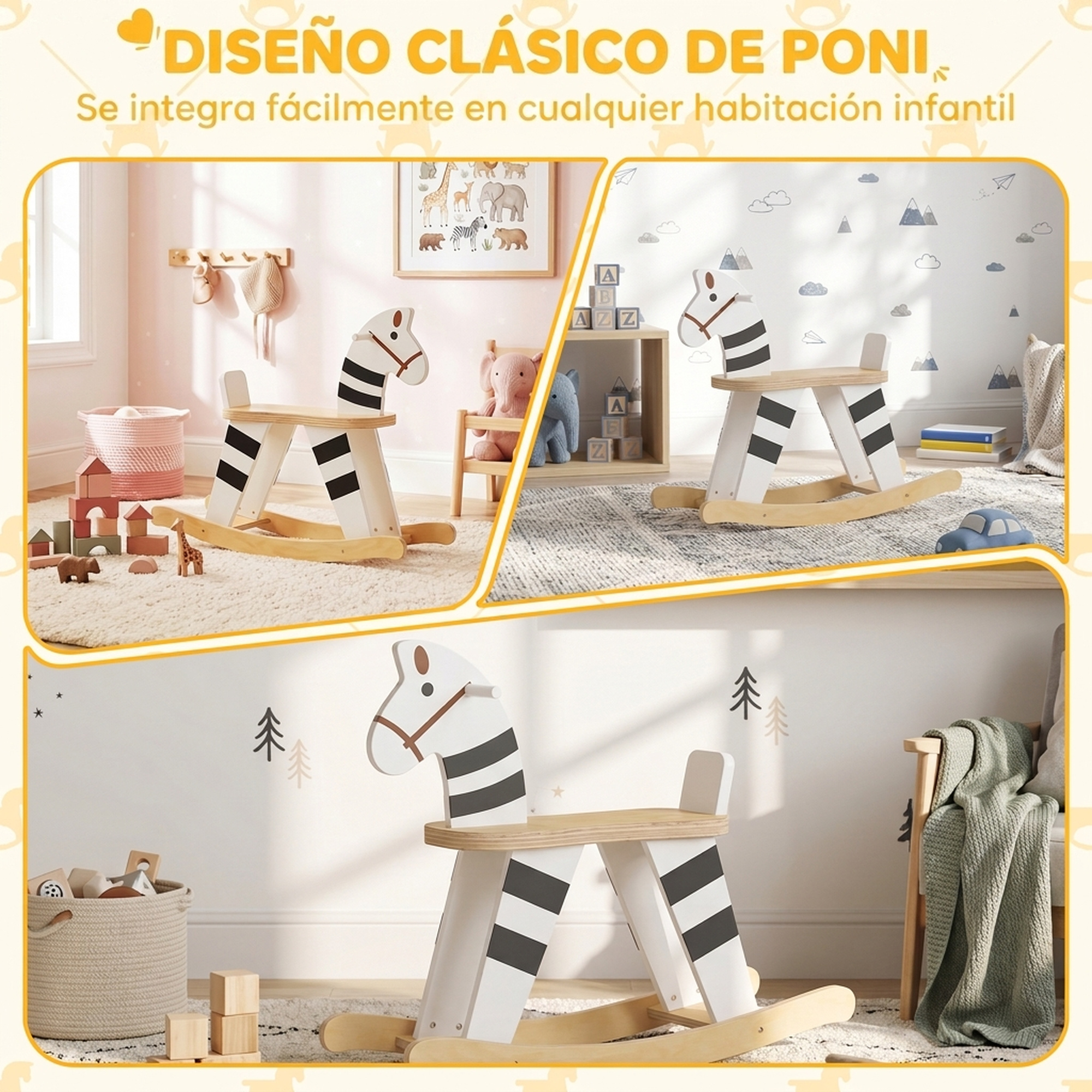 Un caballo mecedor de madera con rayas blancas y negras en tres habitaciones infantiles.