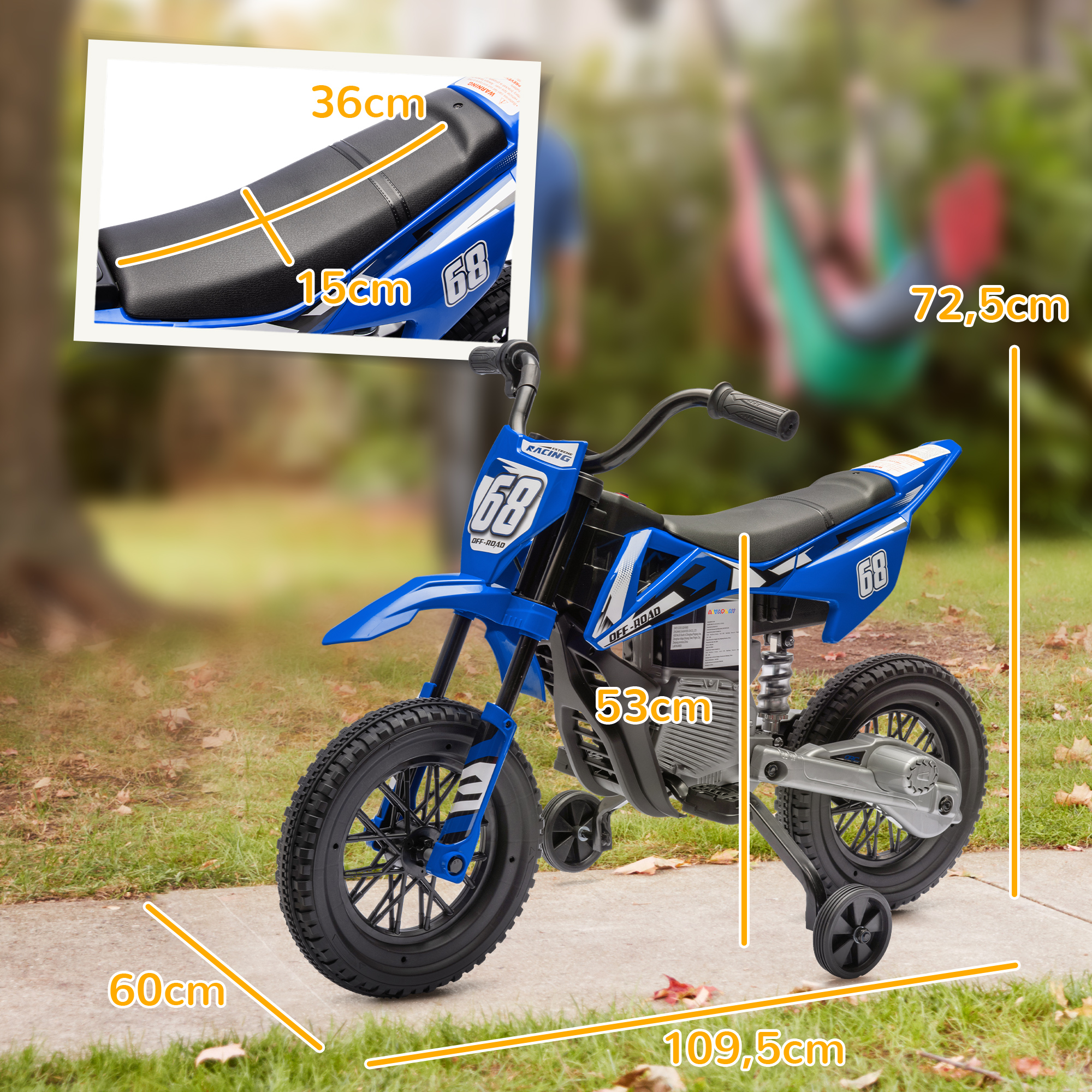 Una motocicleta azul para niños con ruedas de entrenamiento, numerada 68, con medidas de dimensión.
