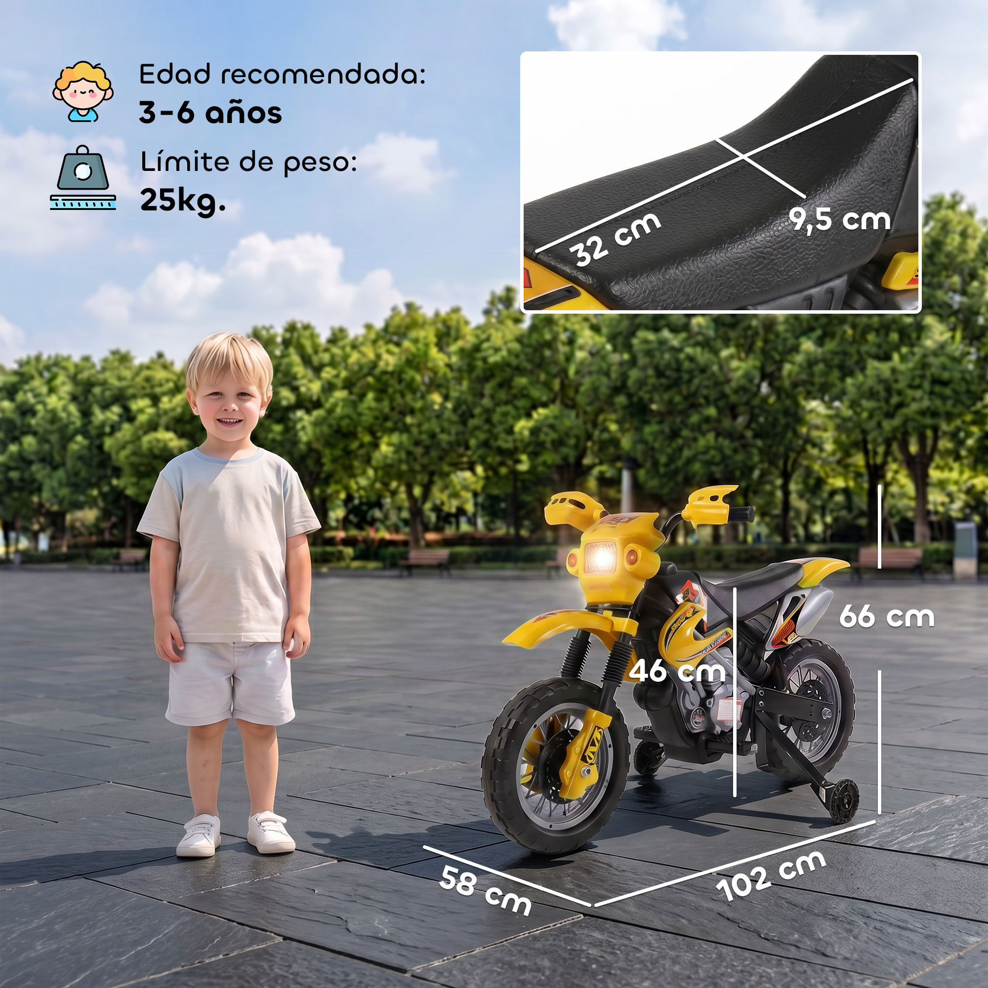 Un niño de pie junto a una moto eléctrica infantil amarilla, con líneas de cotas y edad recomendada.
