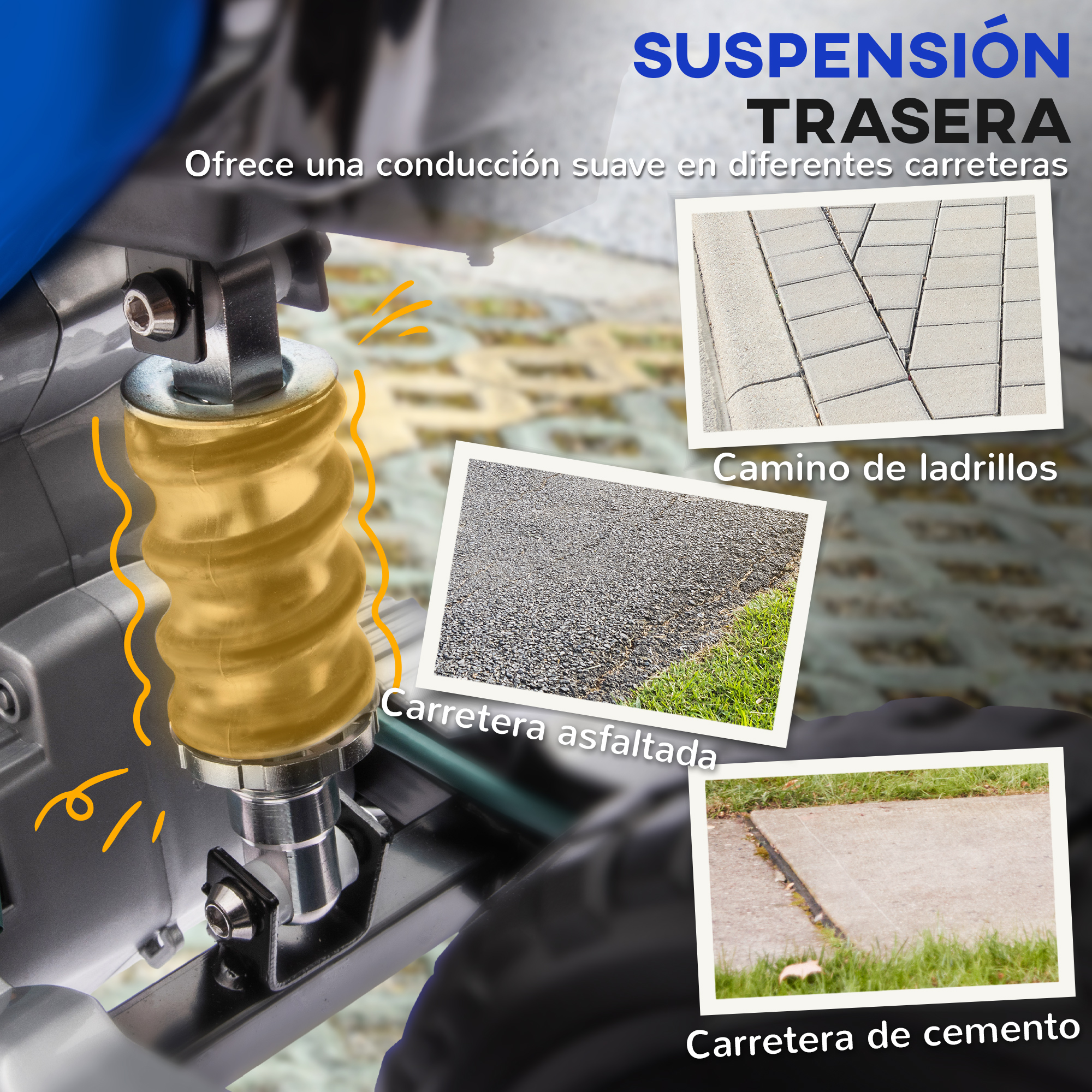 Suspensión trasera con resorte dorado y tres inserciones de terreno con ladrillo, asfalto y cemento.