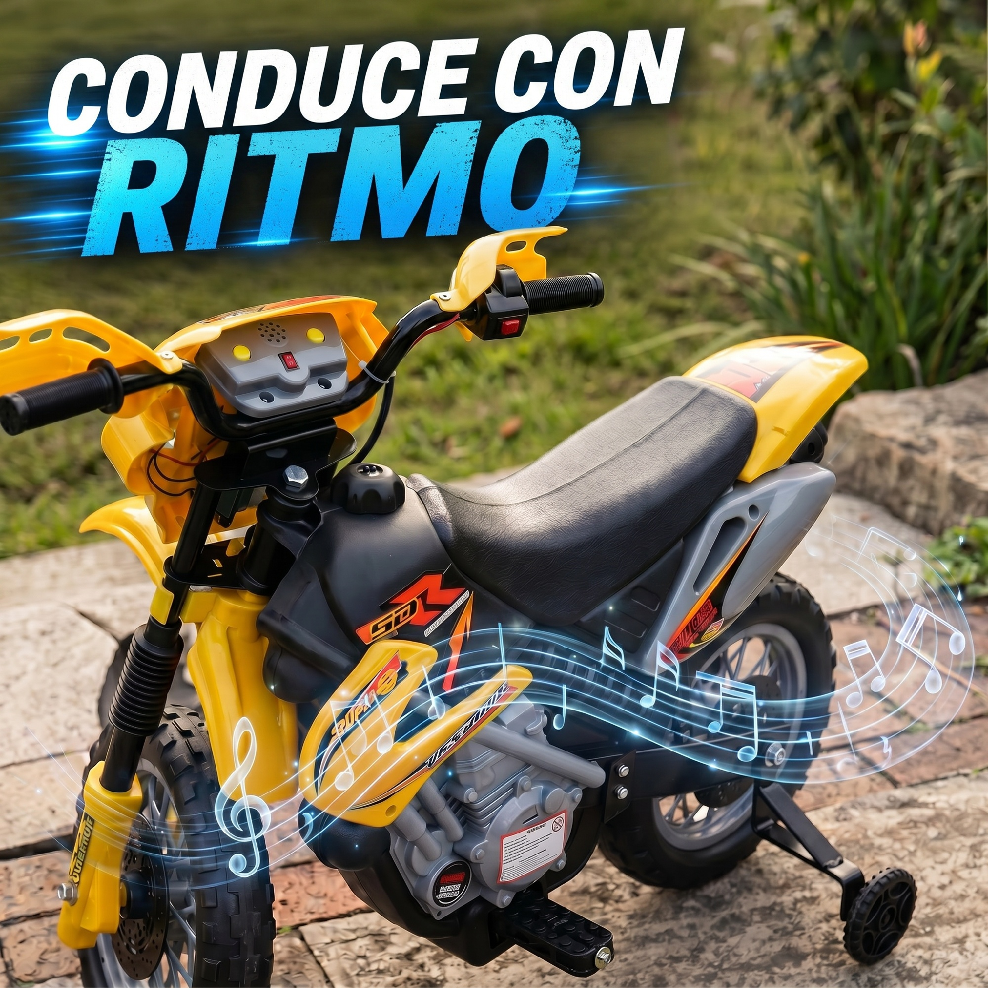 Una moto de juguete amarilla con ruedines en un camino de piedra, rodeada de hierba, con gráficos de notas musicales.