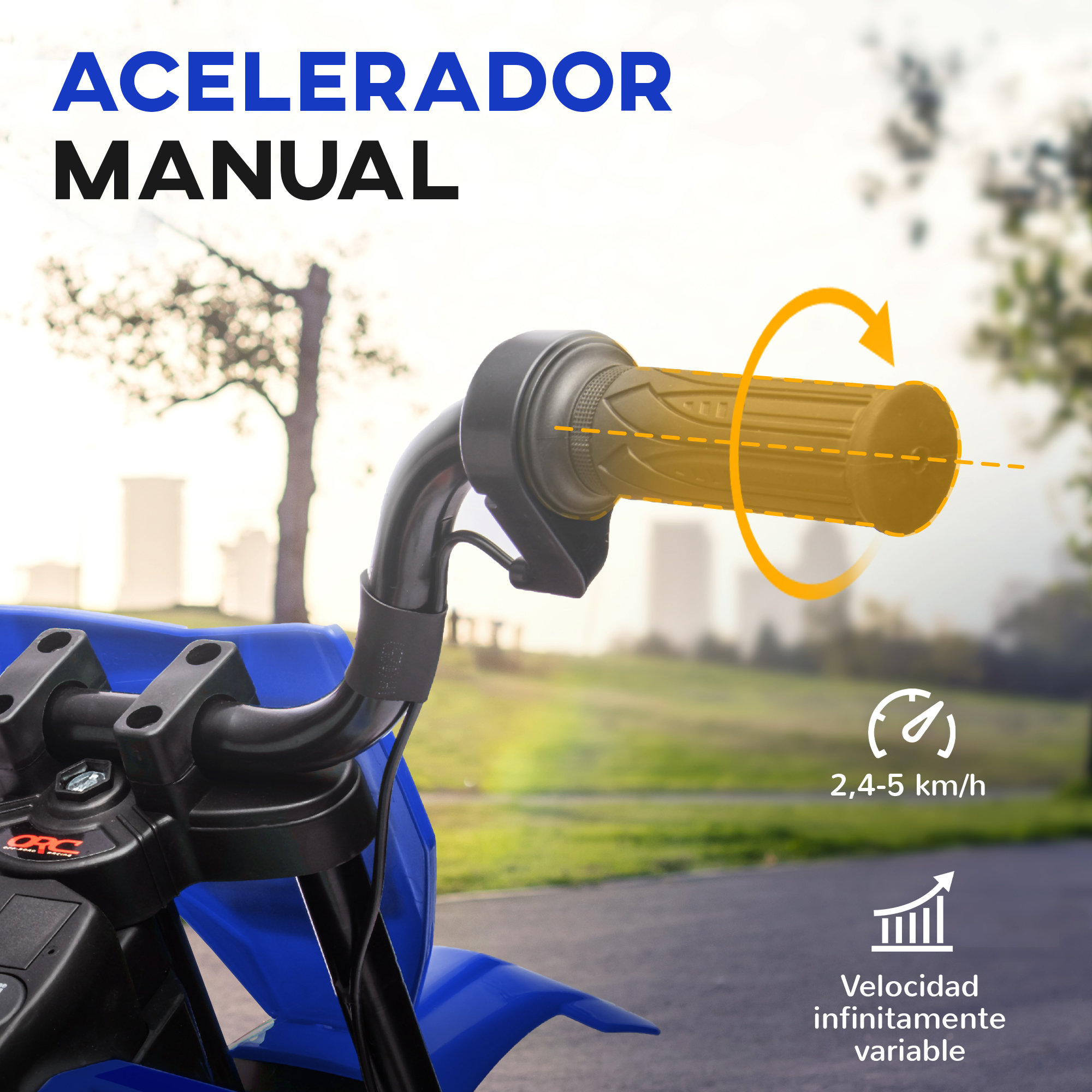 Primer plano del manillar de una moto infantil con acelerador de puño manual, flecha y texto.