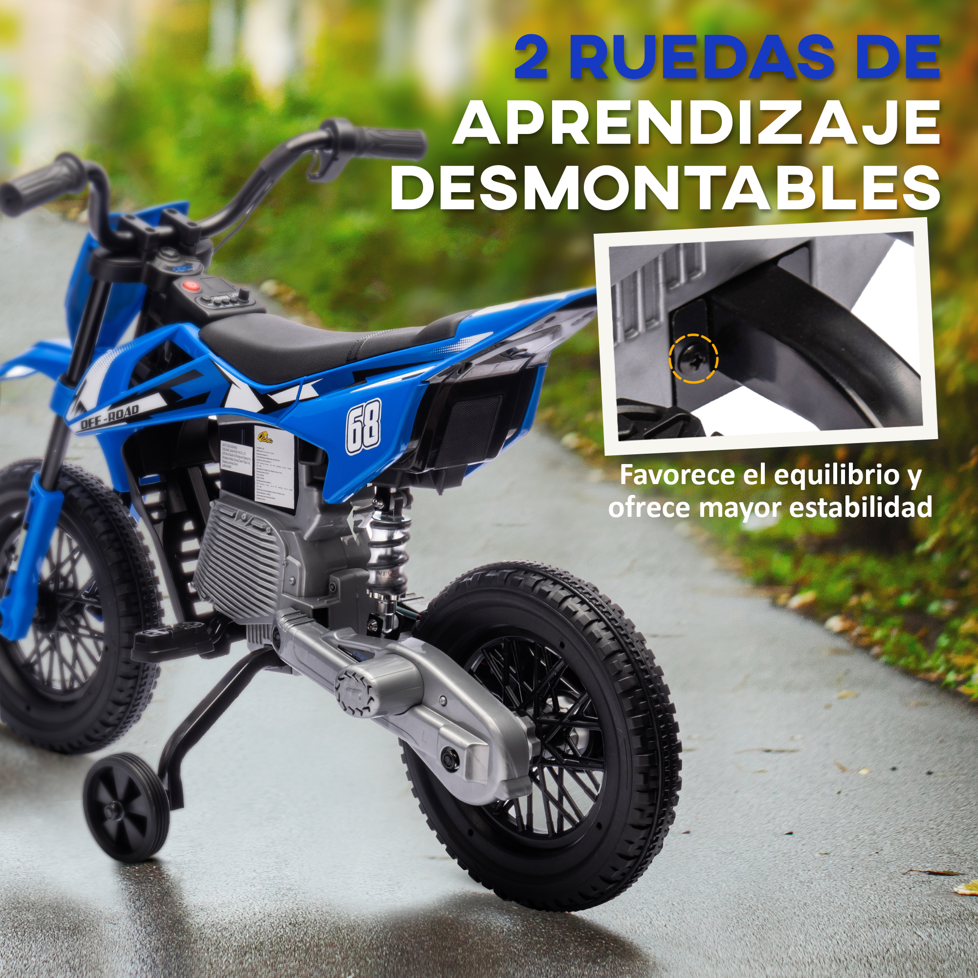 Una moto eléctrica azul para niños con ruedas de entrenamiento desmontables en un camino de asfalto.