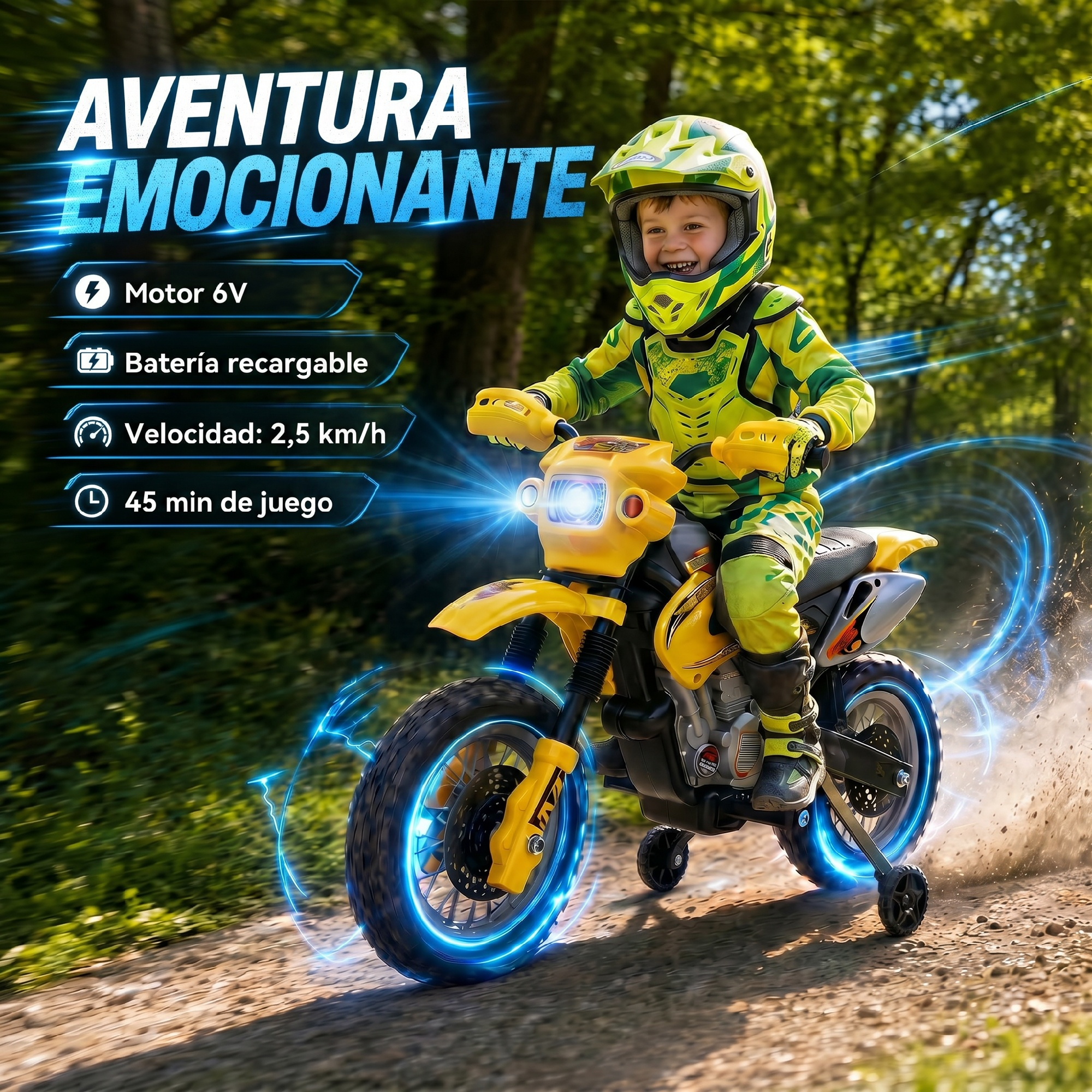 Niño con equipo de protección conduce una moto eléctrica amarilla en un camino.