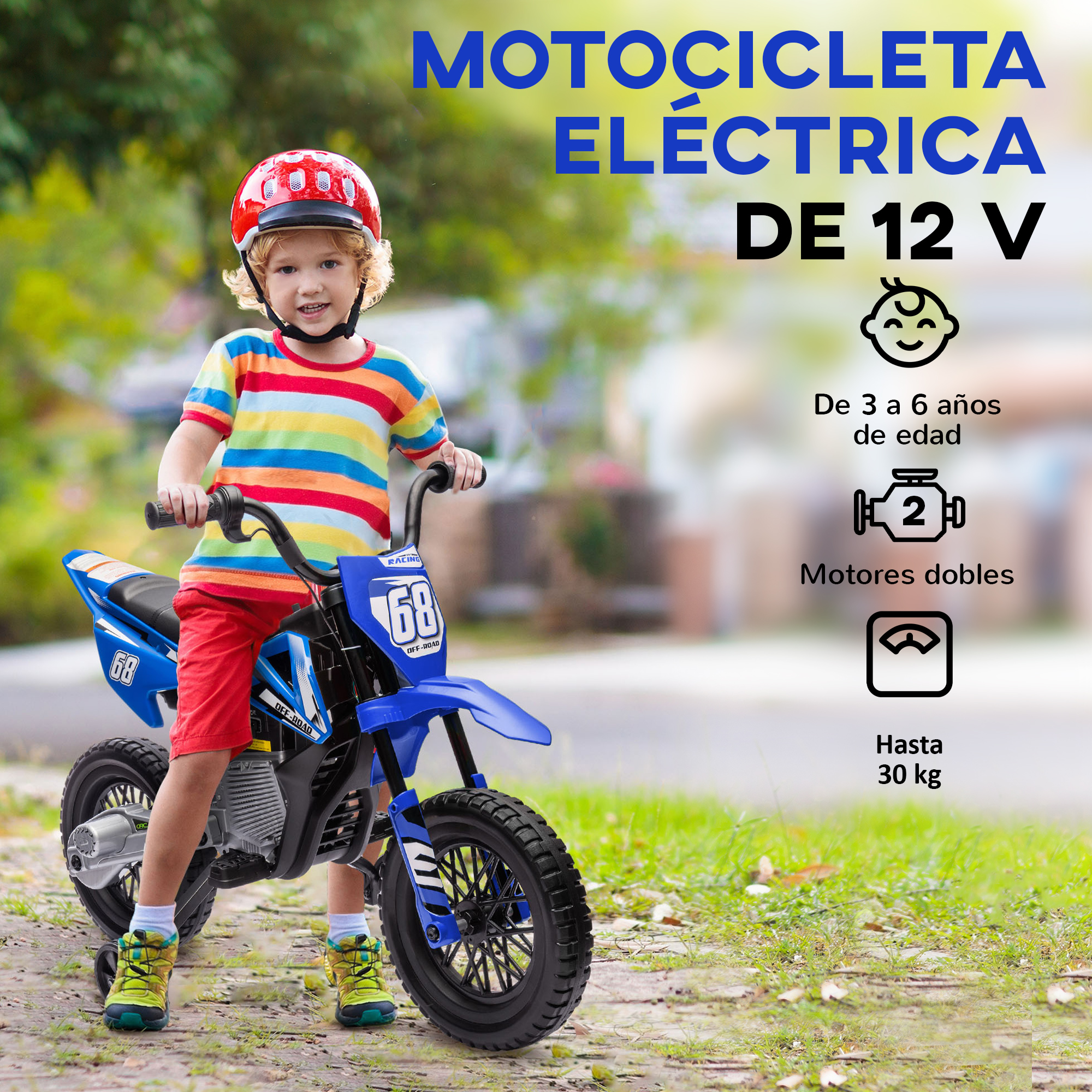 Un niño con casco sentado al aire libre en una moto de juguete eléctrica azul.