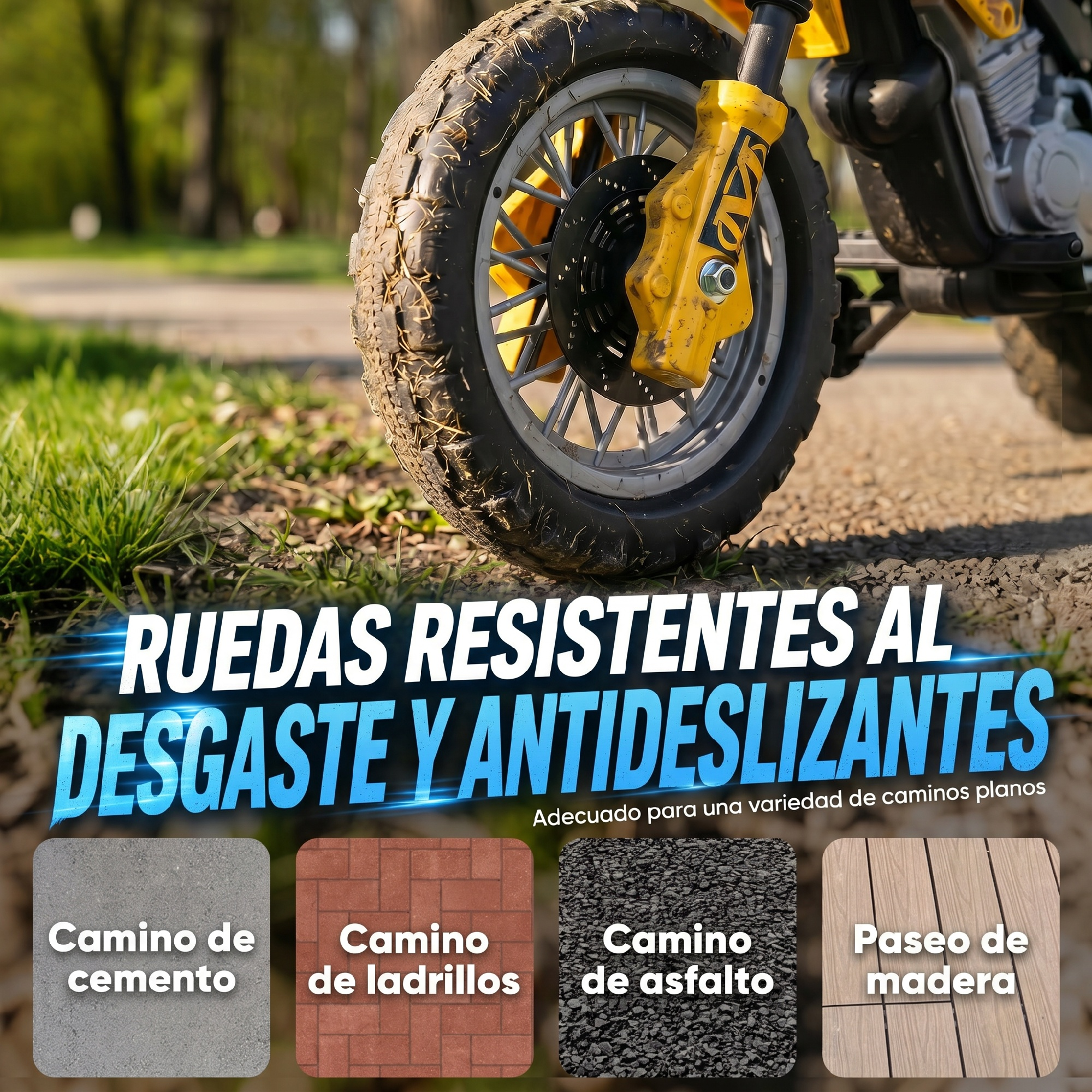 Primer plano de la rueda de una bicicleta infantil embarrada en un parque, con cuatro muestras de suelo abajo.