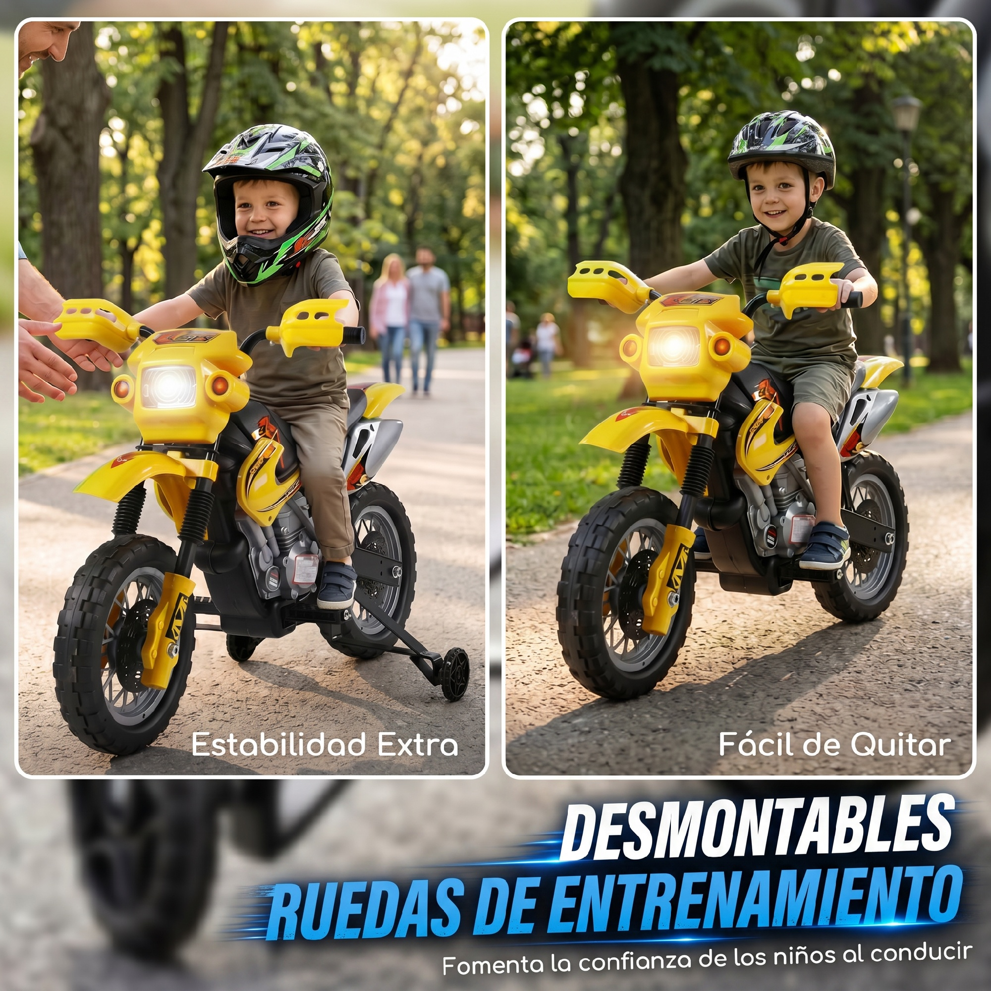 Un niño monta en una moto de juguete amarilla, con y sin ruedas de entrenamiento, en un parque soleado.