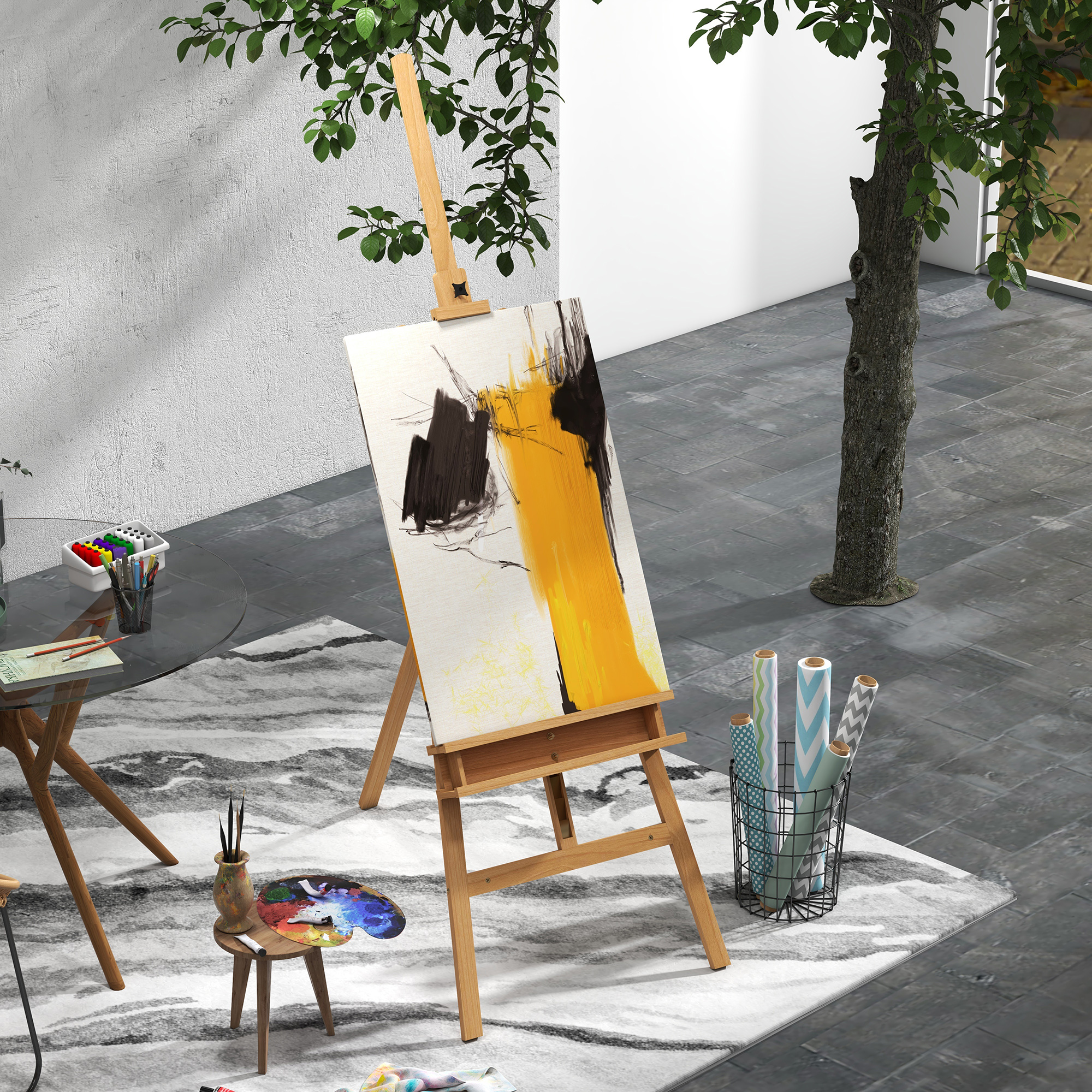 Un lienzo en un caballete de madera con pintura abstracta amarilla y negra en una habitación con un árbol.