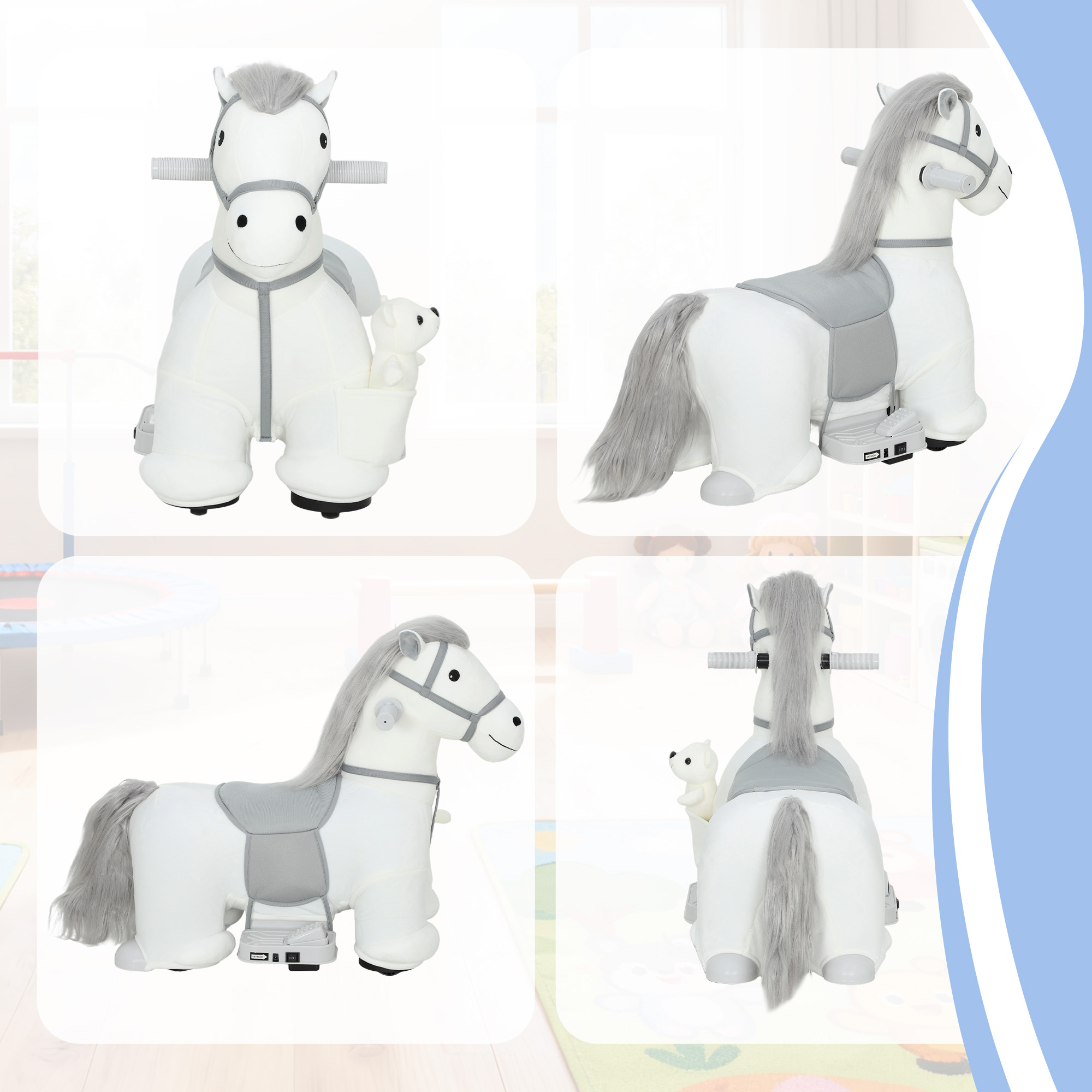 Cuatro vistas de un caballo de juguete blanco y gris con asas, una silla de montar y un osito de peluche.