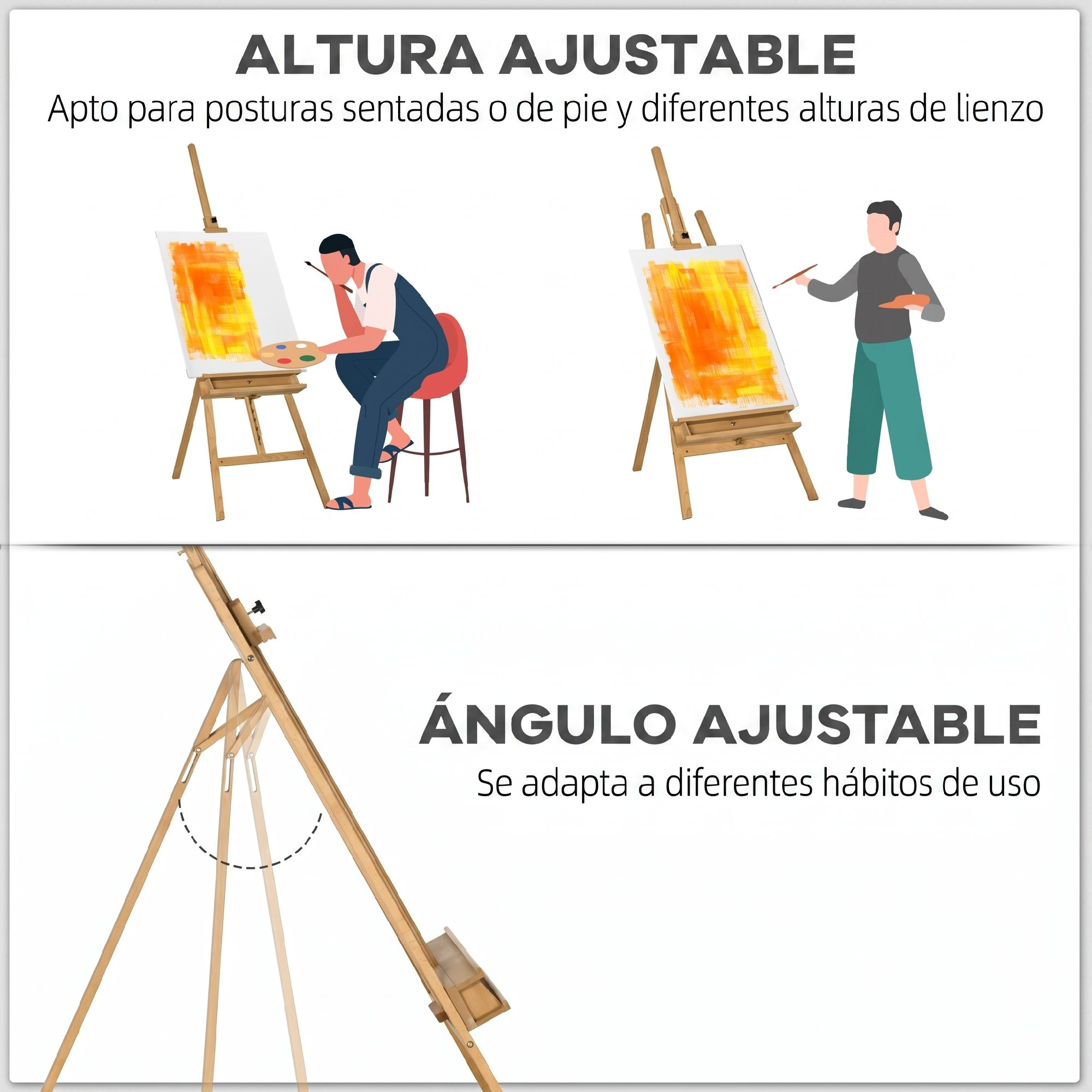 Ilustración que muestra un caballete de madera con altura y ángulo ajustables para pintores sentados o de pie.