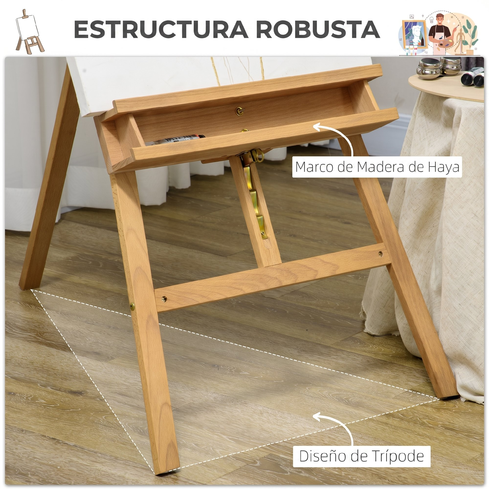 Robusto soporte de caballete de madera con bandeja de almacenamiento y diseño de trípode en suelo de madera.