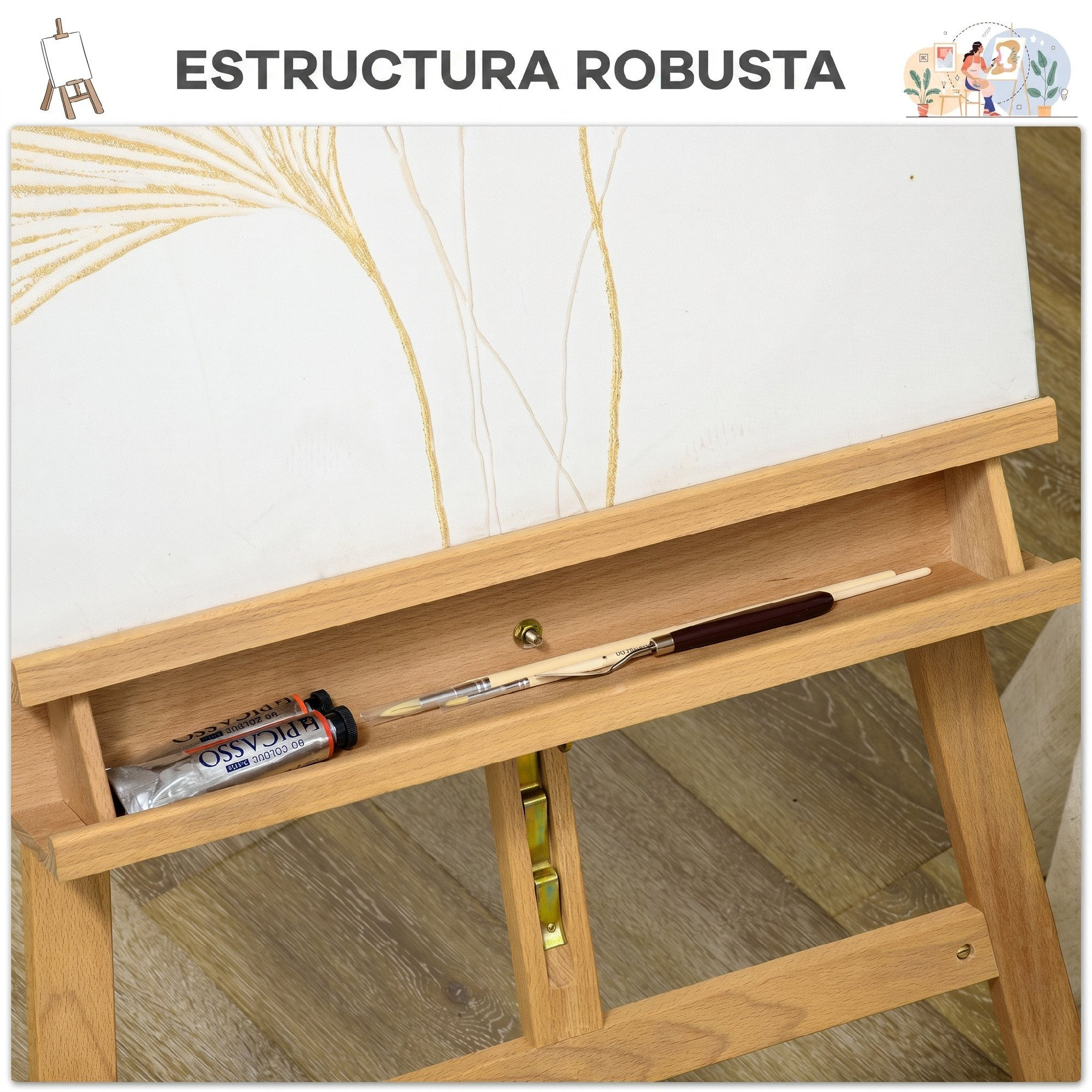 Caballete de madera con un lienzo, dos pinceles y tubos de pintura.