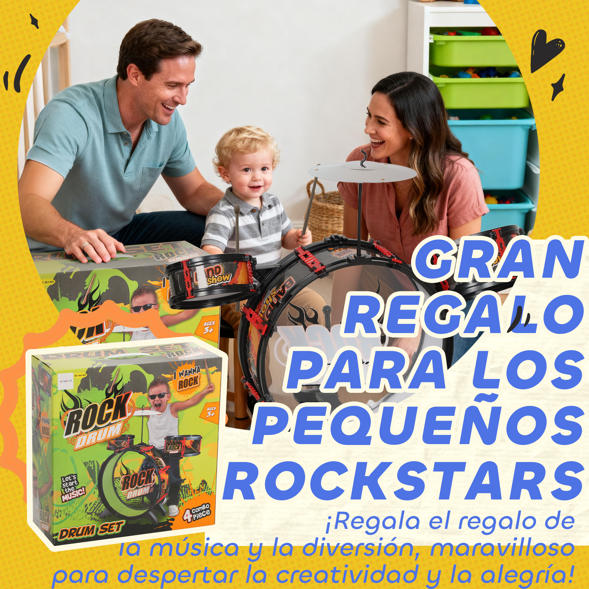 Una familia feliz mirando una nueva batería para niños con su caja.