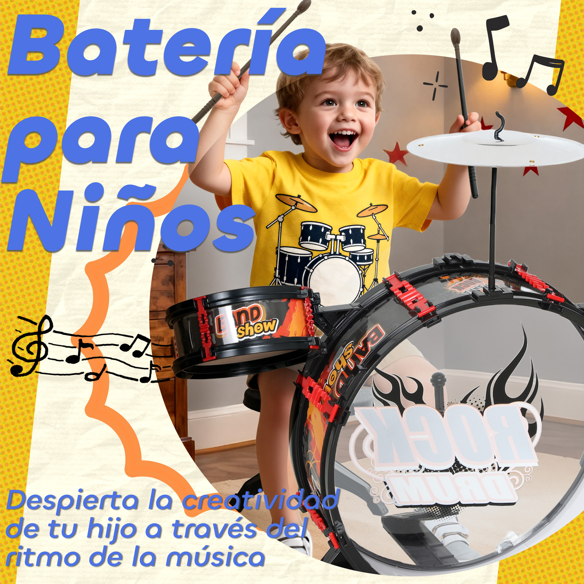Un niño feliz con una camiseta amarilla toca alegremente una pequeña batería negra y roja.