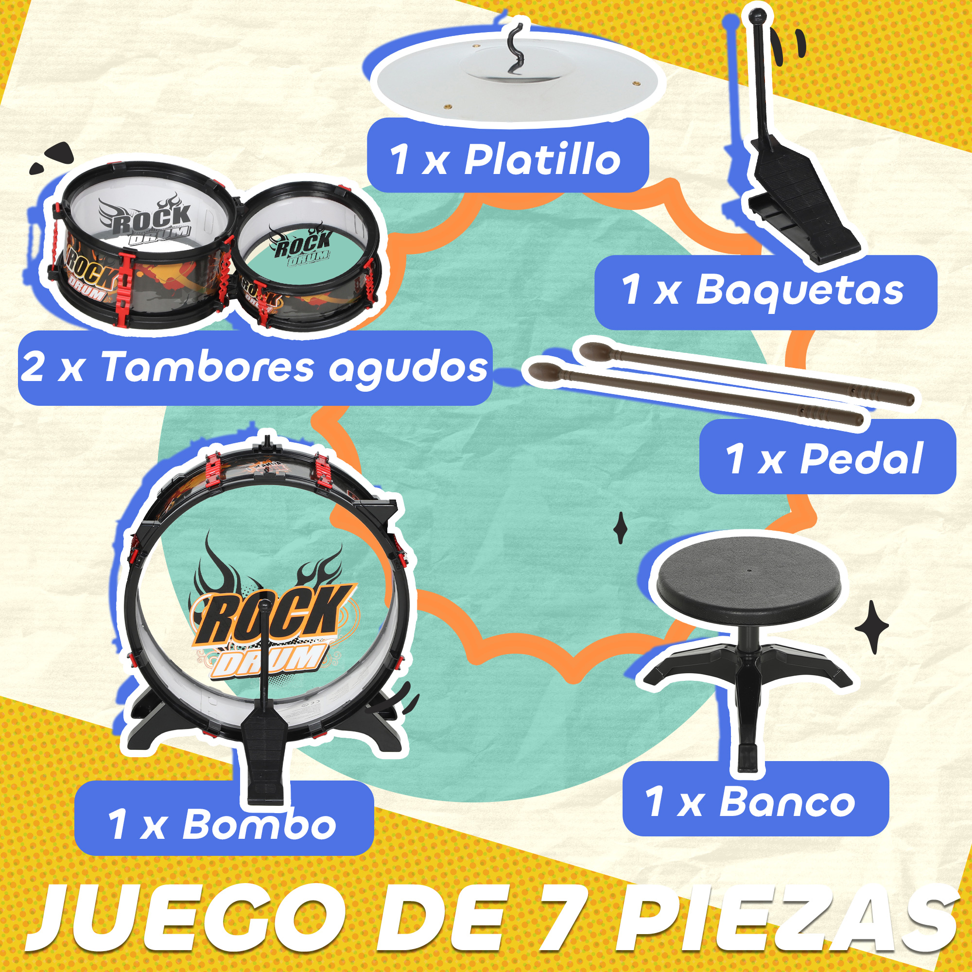 Una batería de rock infantil de siete piezas con platillos, tambores, pedal, baquetas y un taburete.