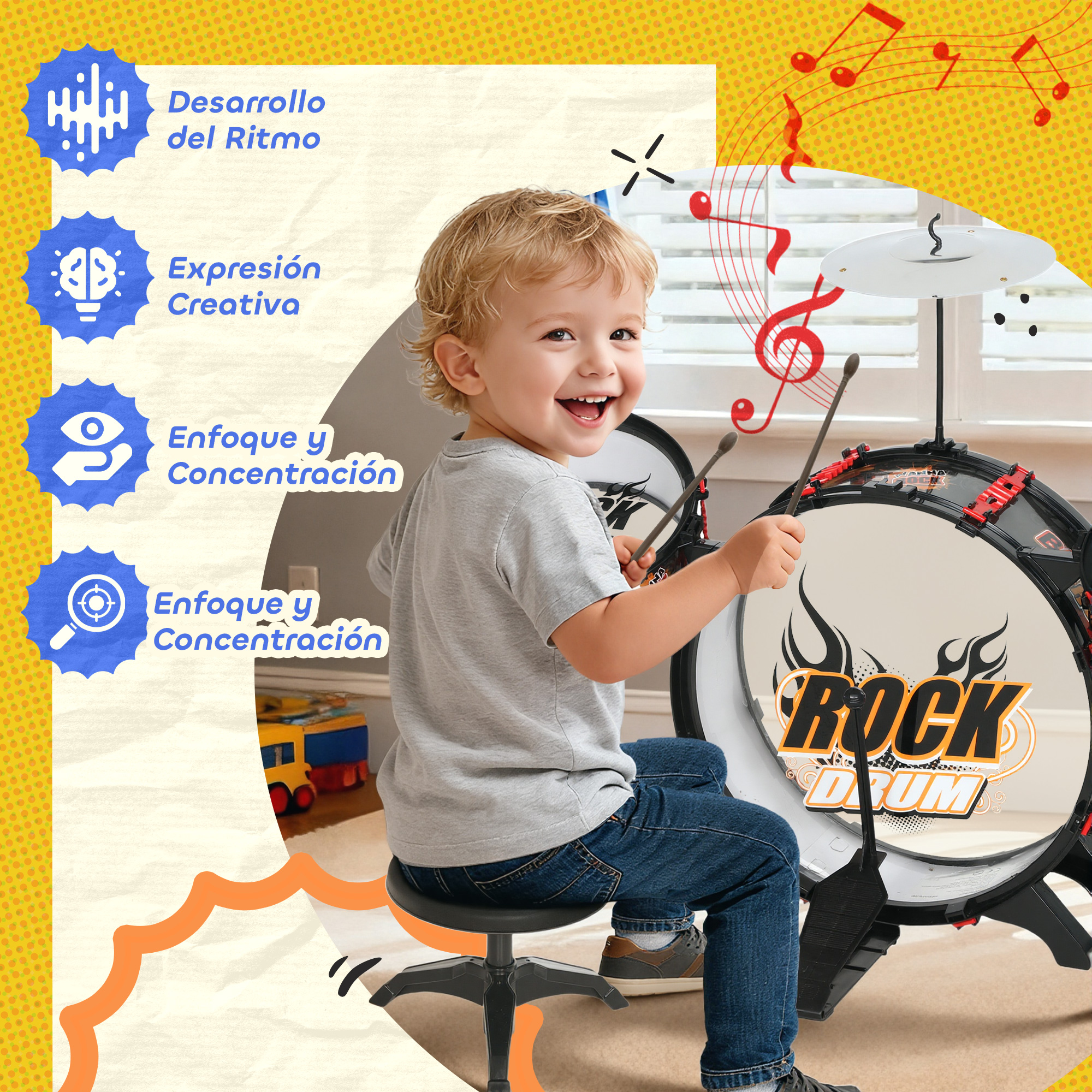 Un niño feliz toca una batería de juguete mientras está sentado en un taburete pequeño, sonriendo a la cámara.