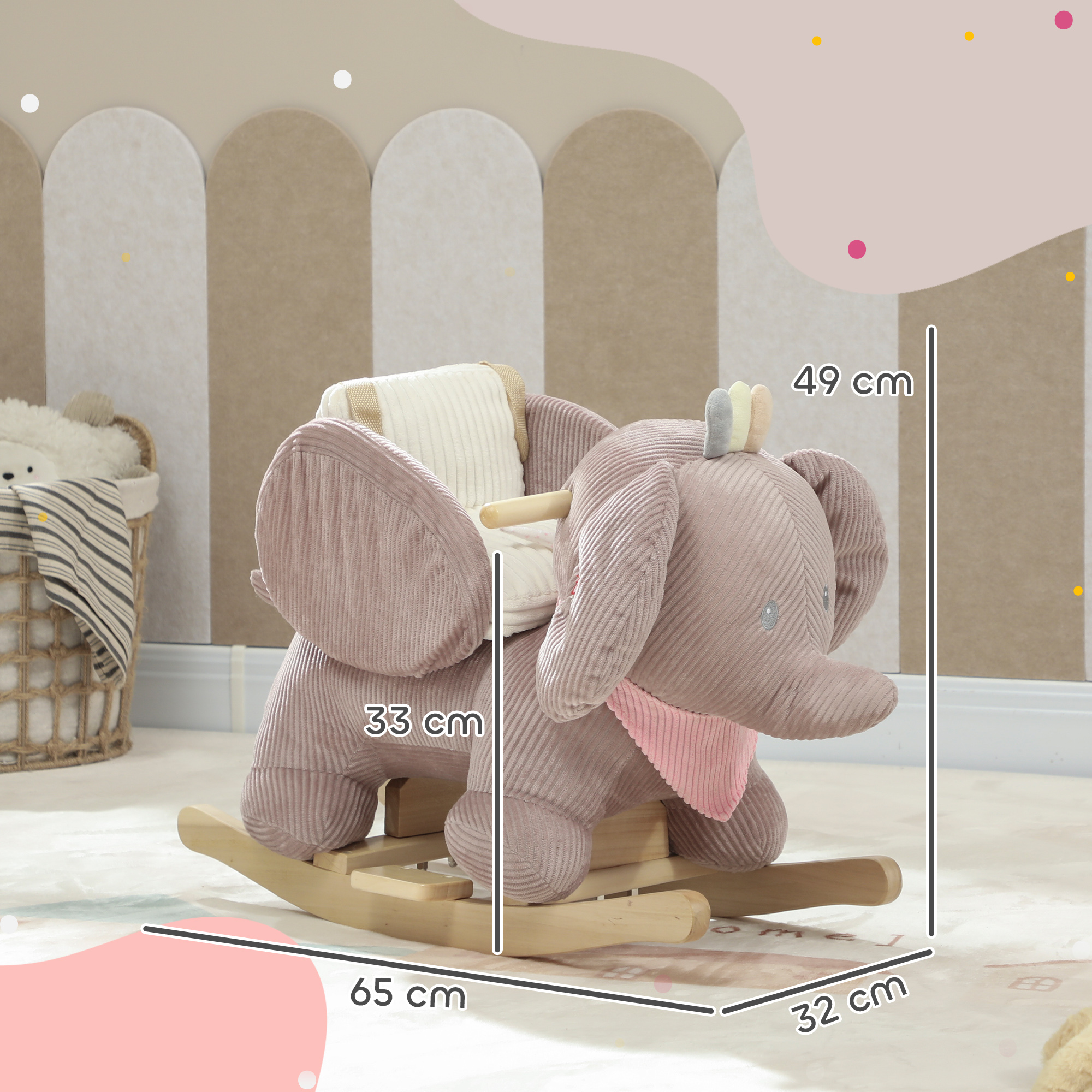 Un elefante mecedor de felpa rosa sobre rieles de madera, con dimensiones de 65x32x49 cm y asiento a 33 cm.