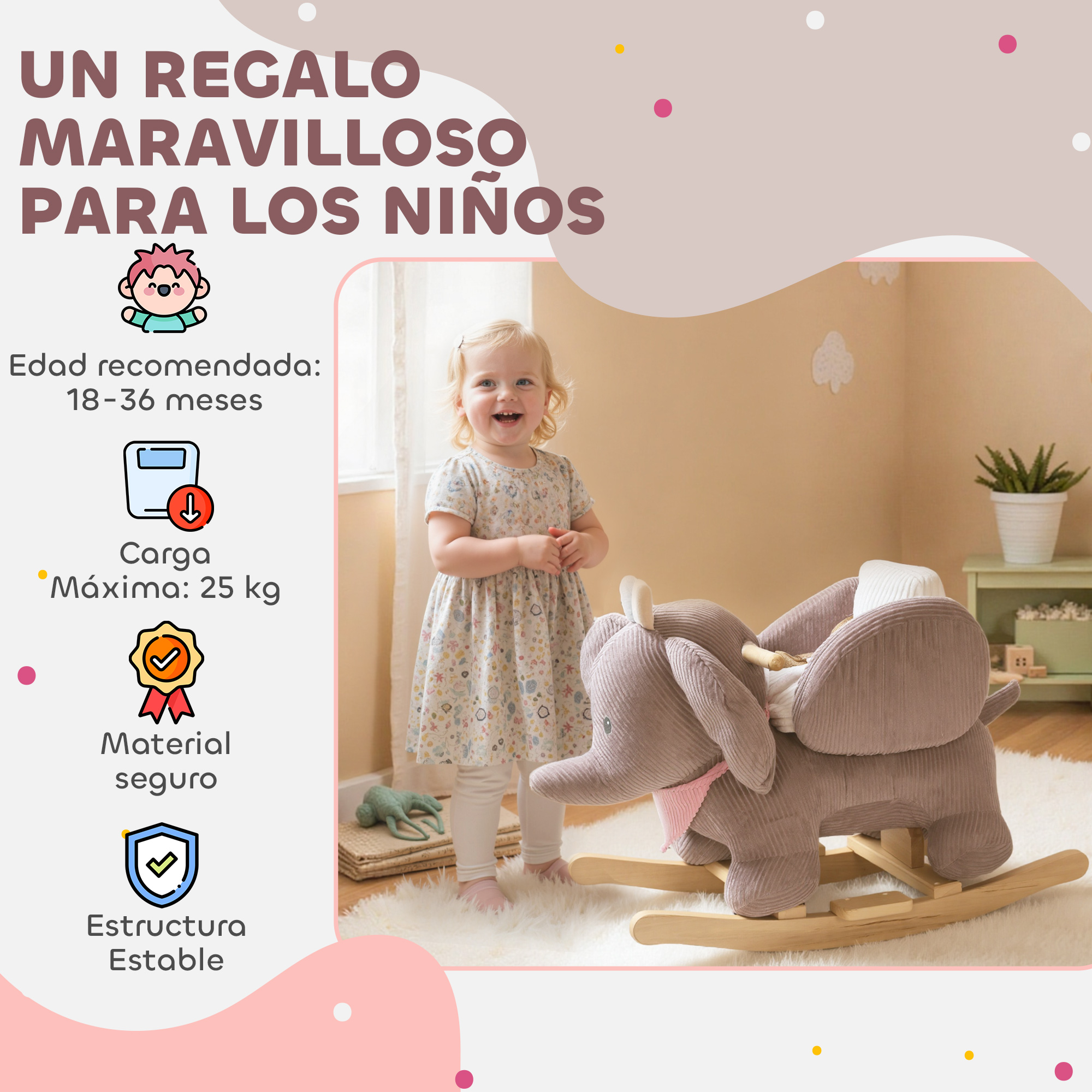 Niño sonriendo junto a un elefante balancín de peluche en una habitación.