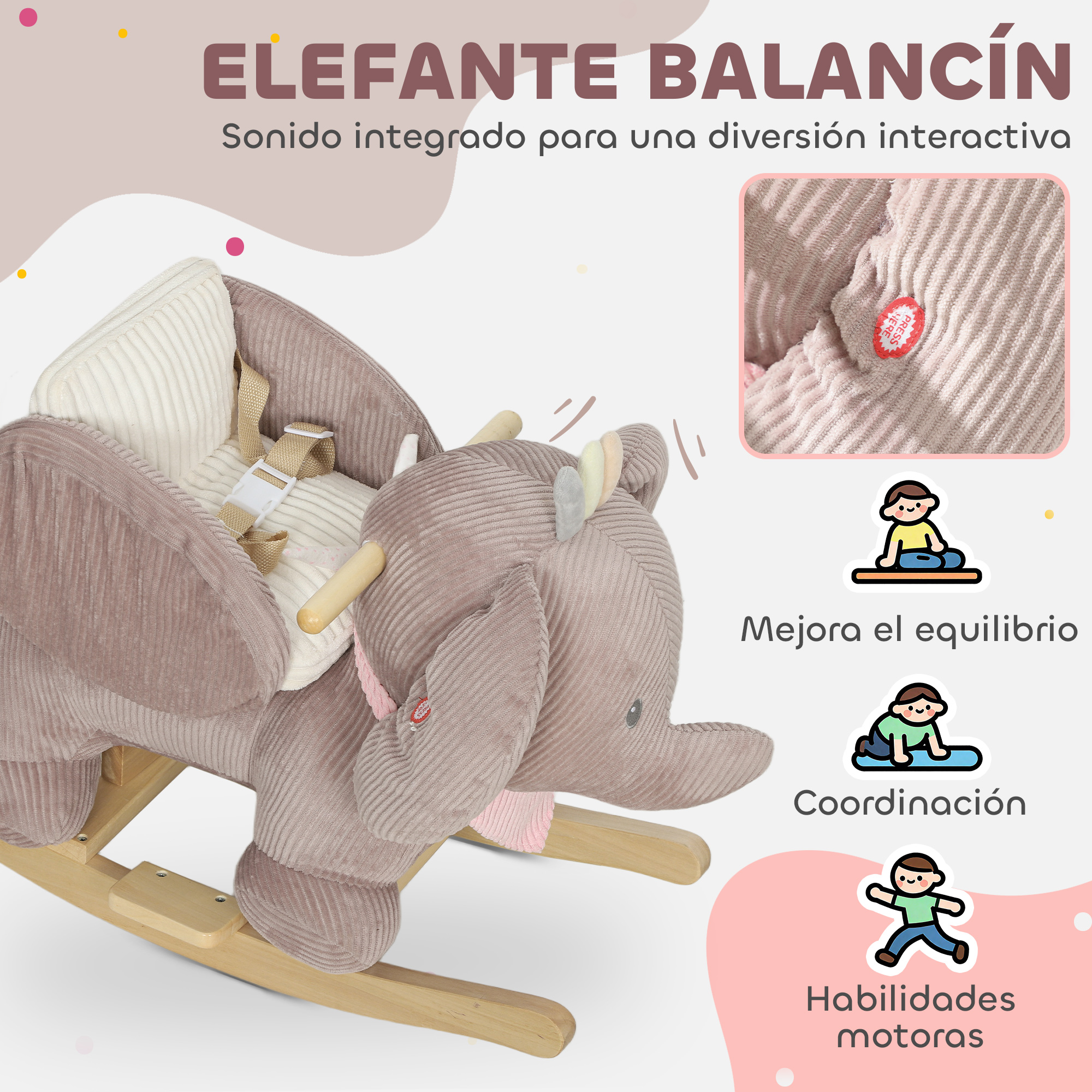 Un elefante balancín de peluche gris con patas de madera, asiento blanco, arnés y botón de sonido.