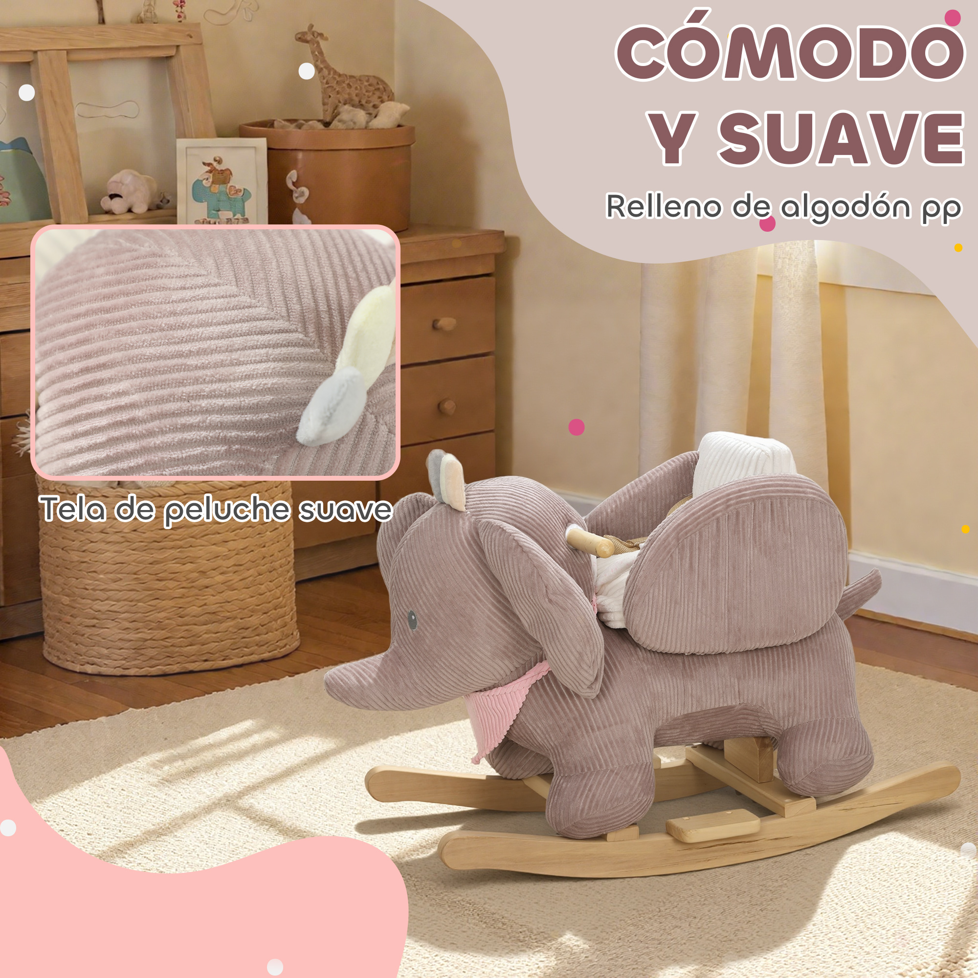 Un elefante de peluche balancín gris sobre patines de madera en una habitación.