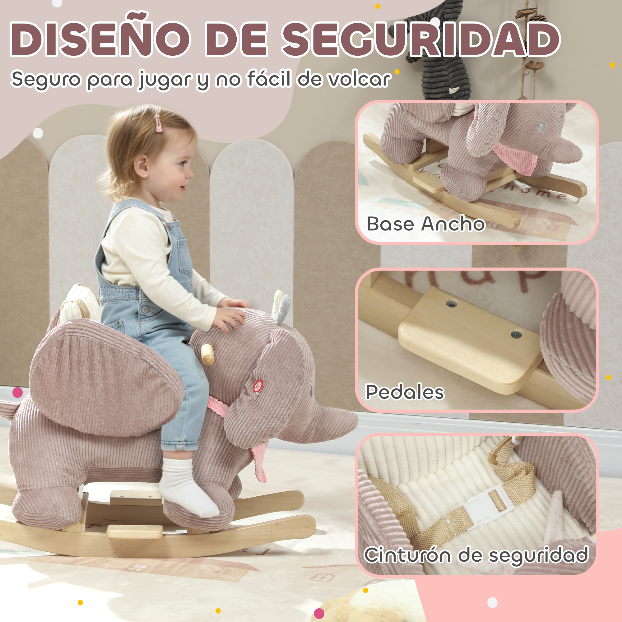 Niña montando en un elefante balancín de peluche, con detalles de su base ancha, reposapiés y cinturón.