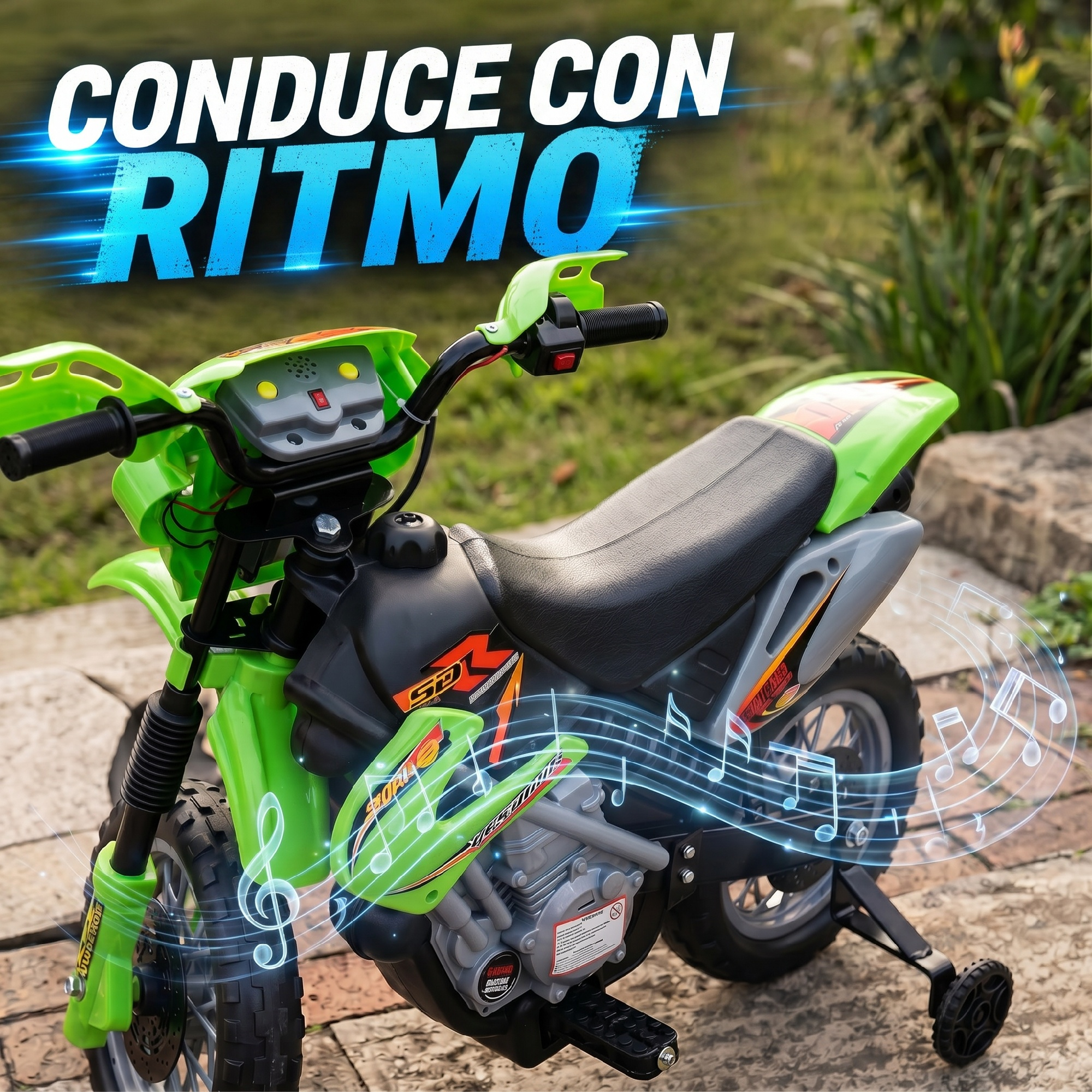 Una moto de juguete verde brillante al aire libre con ruedas de apoyo, asiento negro y notas musicales.