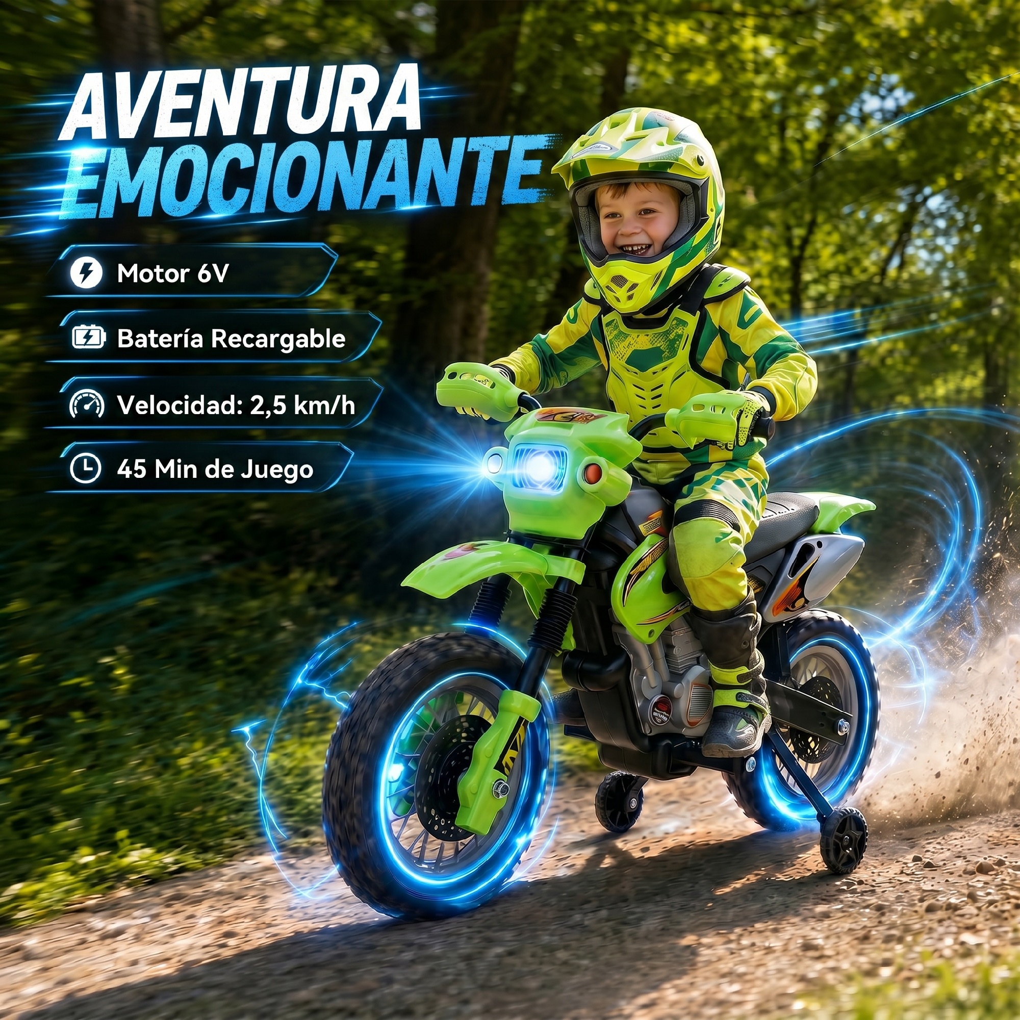 Un niño con equipo de seguridad monta en una moto de juguete verde por un camino de tierra.