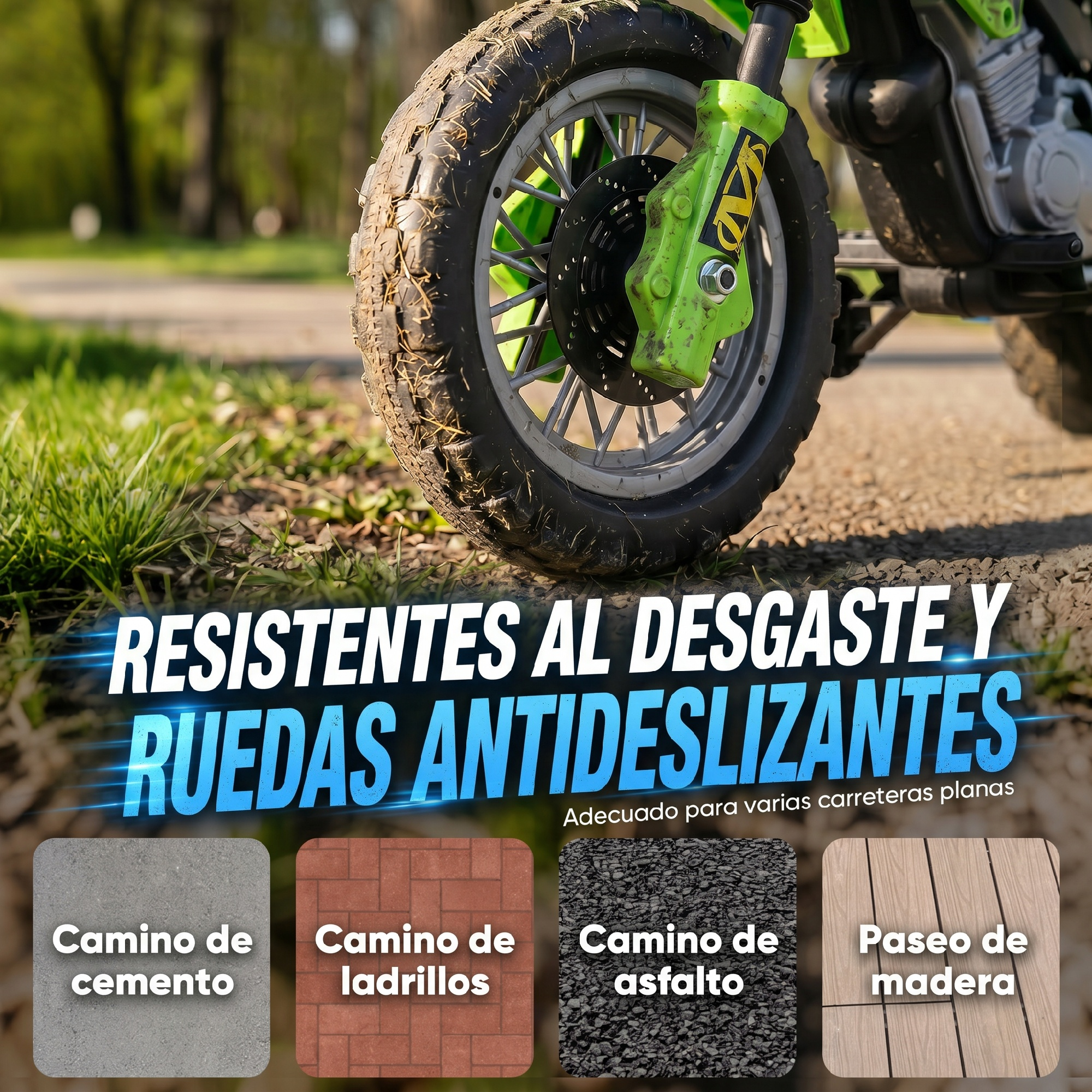 Primer plano de la rueda delantera de una moto embarrada con texto y cuatro muestras de superficie.