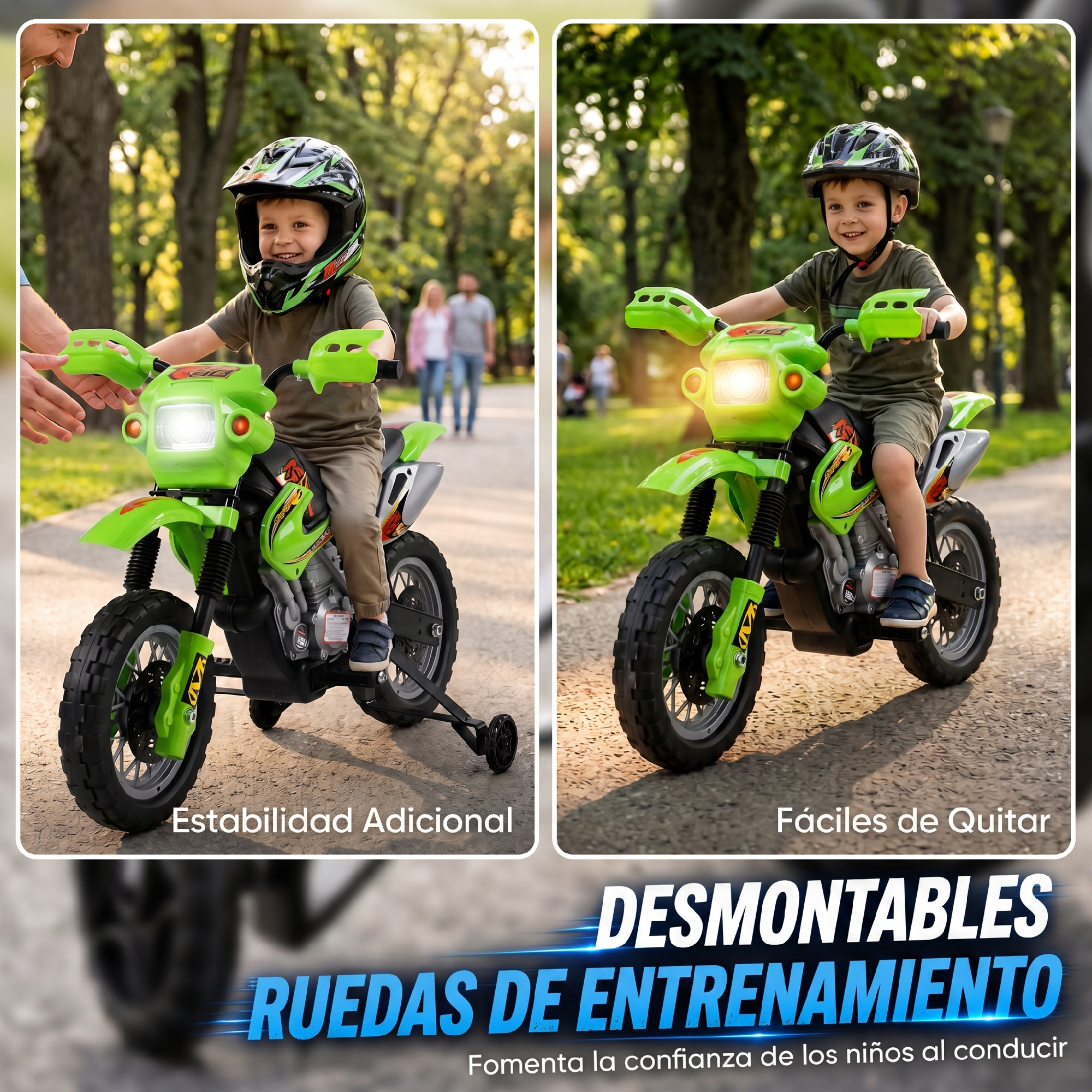 Un niño pequeño montando en una moto de juguete verde por un camino pavimentado con árboles al fondo.