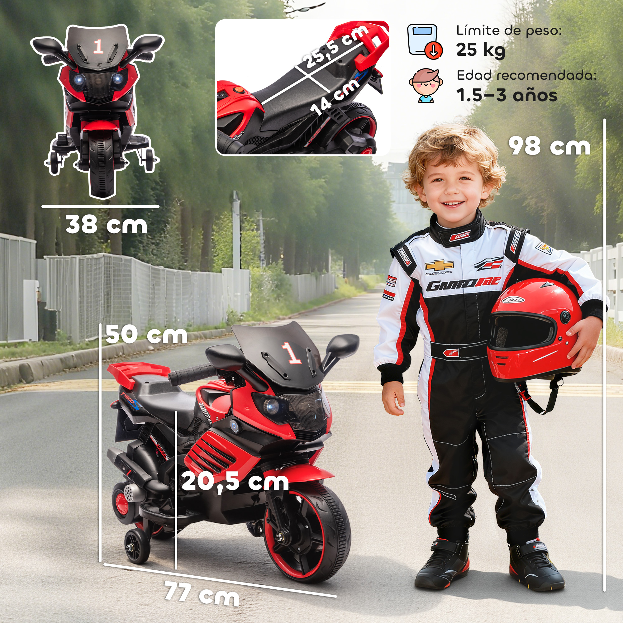 Niño con traje de carreras junto a una moto eléctrica roja de juguete con medidas.