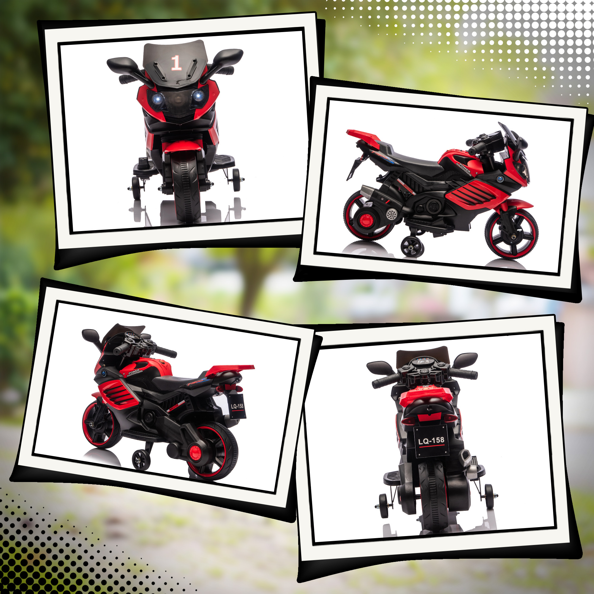 Cuatro fotos enmarcadas muestran una moto eléctrica infantil roja y negra desde diferentes ángulos.
