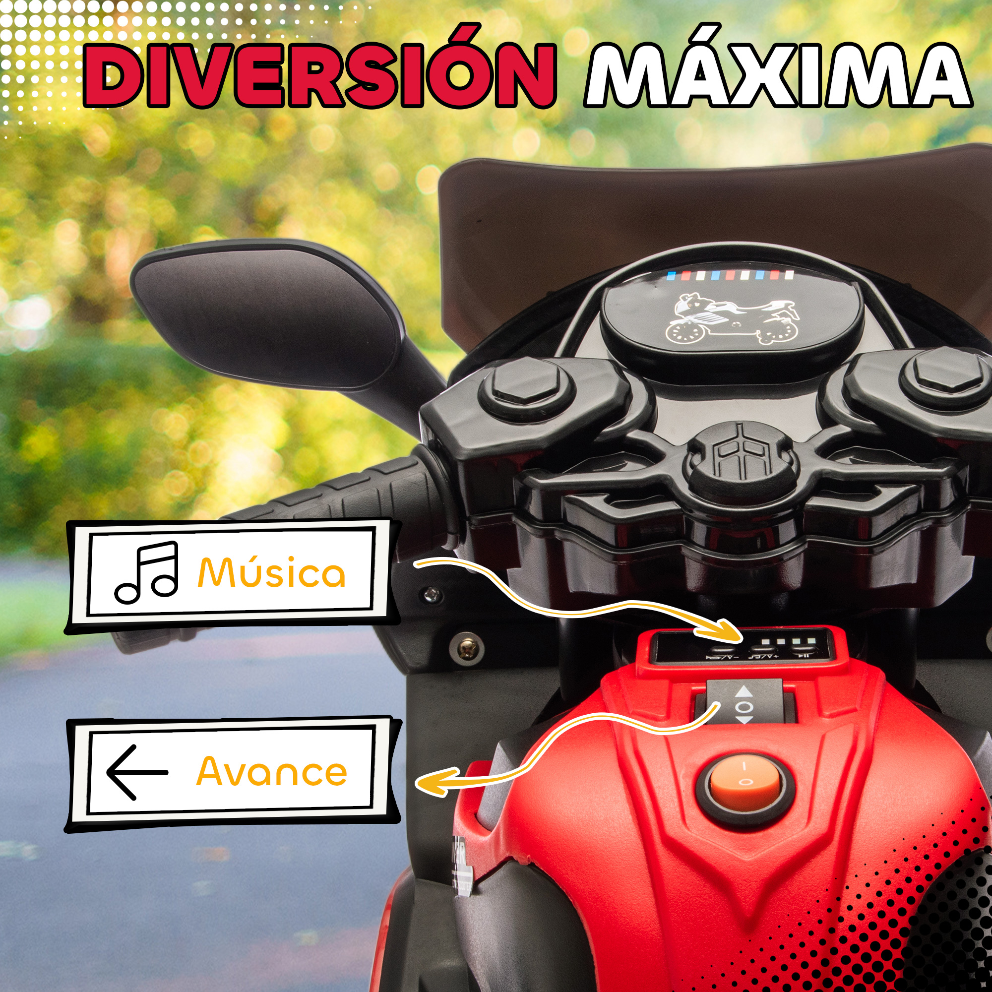 Primer plano del salpicadero de una moto de juguete con botones de control, etiquetas de música y avance.