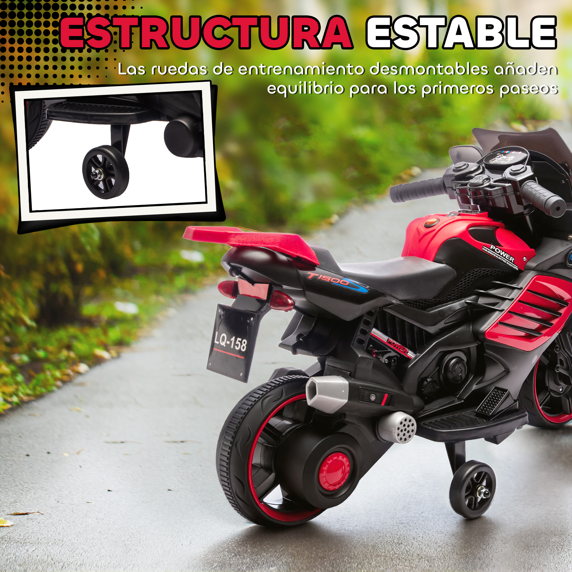 Moto de juguete roja y negra con ruedas de entrenamiento en un camino, con acercamiento de la rueda.