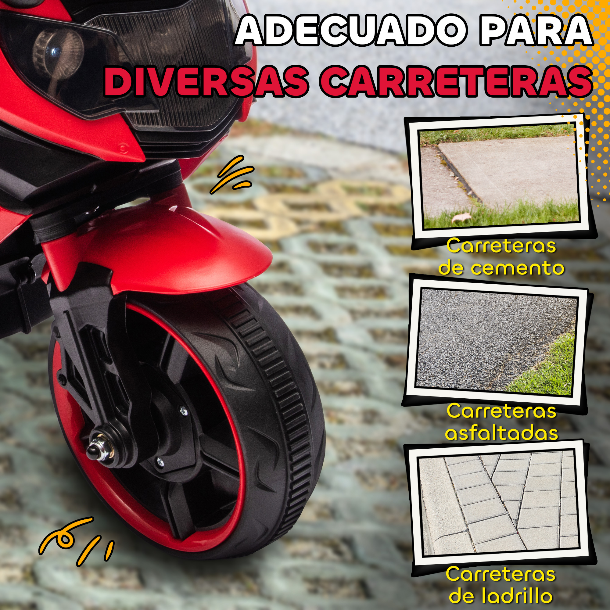 Una moto de juguete roja muestra diferentes tipos de carreteras como cemento, asfalto y ladrillos.