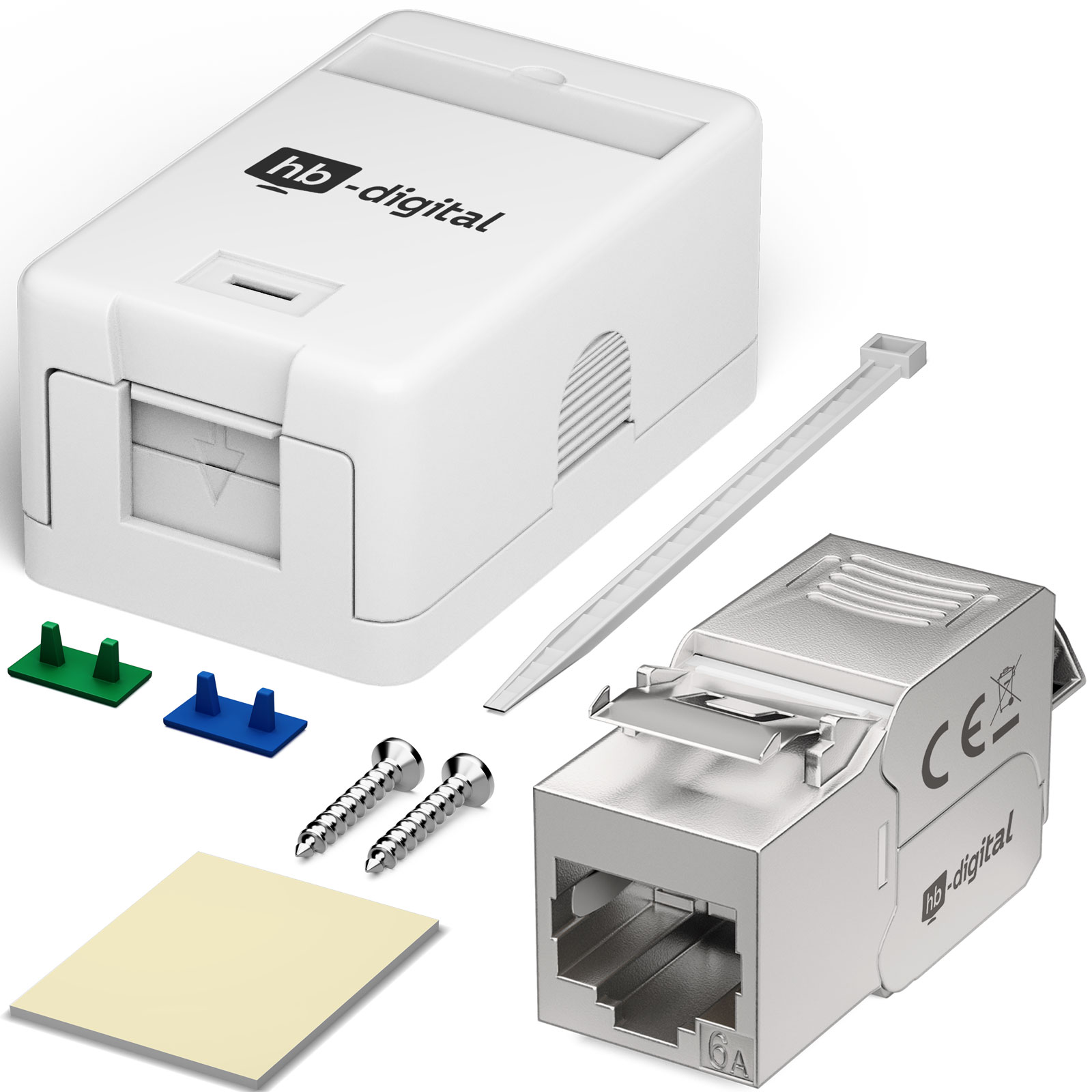 Weißer Netzwerk-Aufputzrahmen mit Metallmodul, Schrauben, Kabelbinder, Klebepad und farbigen Schutzkappen auf weiß.