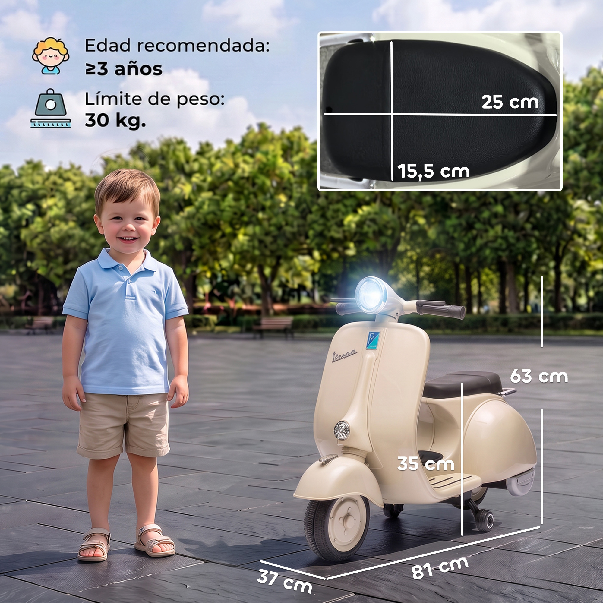 Niño pequeño junto a un patinete de juguete beige, con dimensiones y especificaciones.