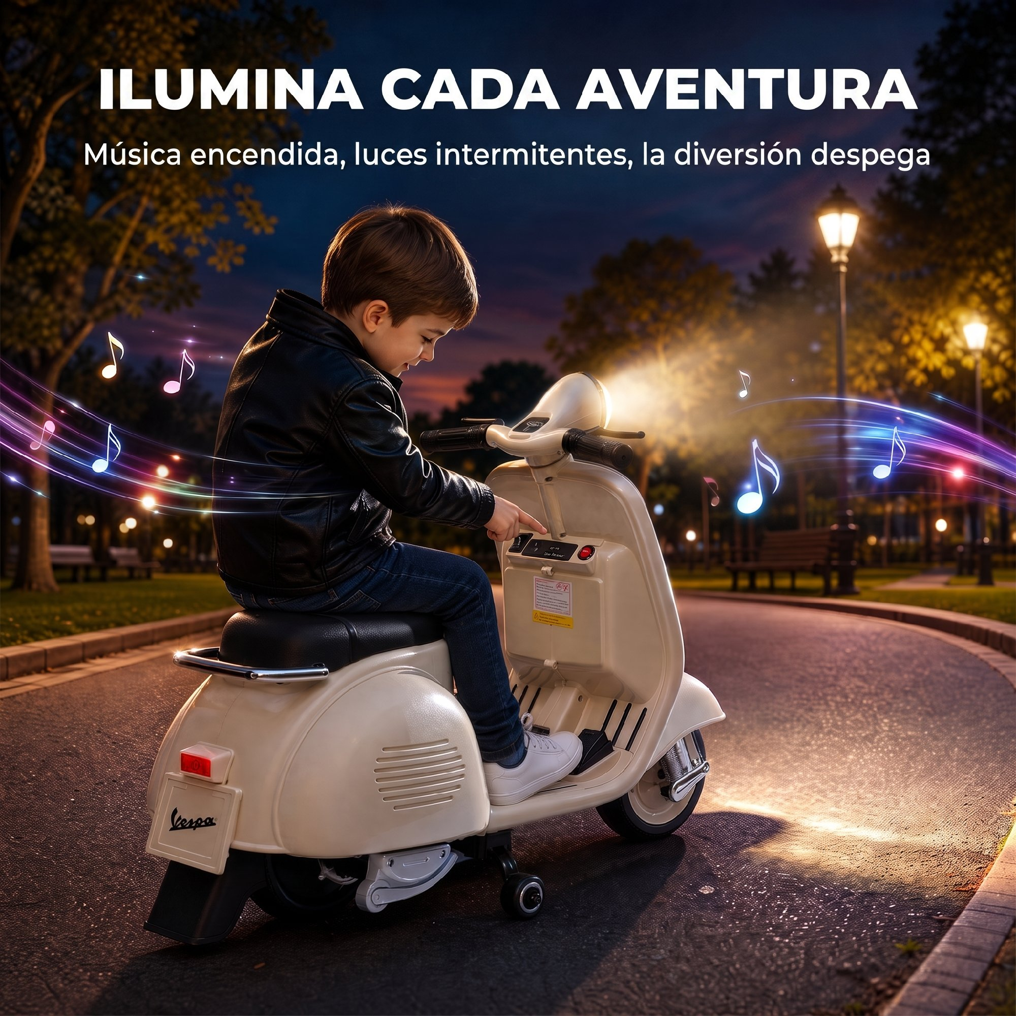 Un niño monta en un patinete de juguete color crema en un parque iluminado de noche, rodeado de notas musicales.