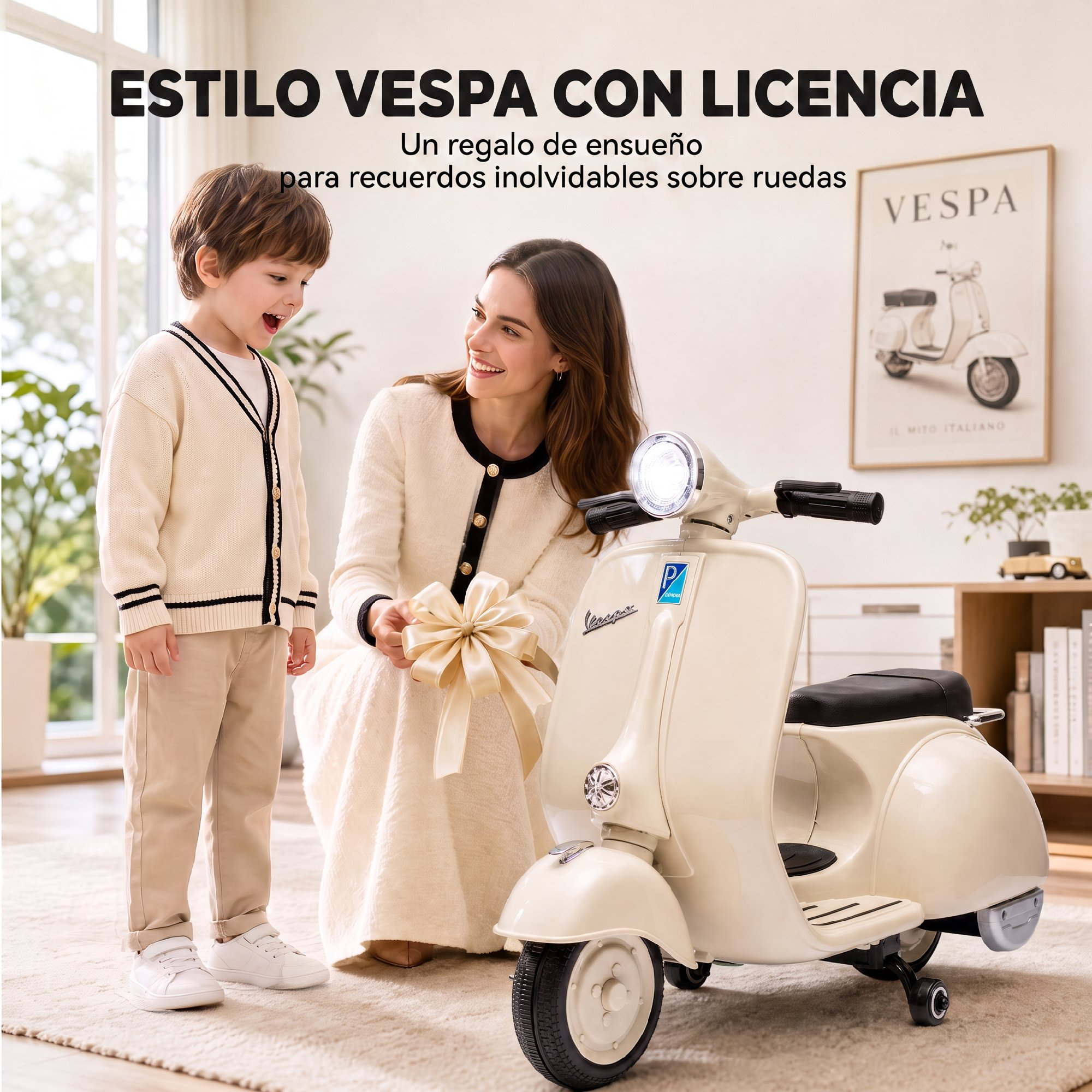 Una madre feliz le regala un scooter Vespa de juguete color crema a su hijo.