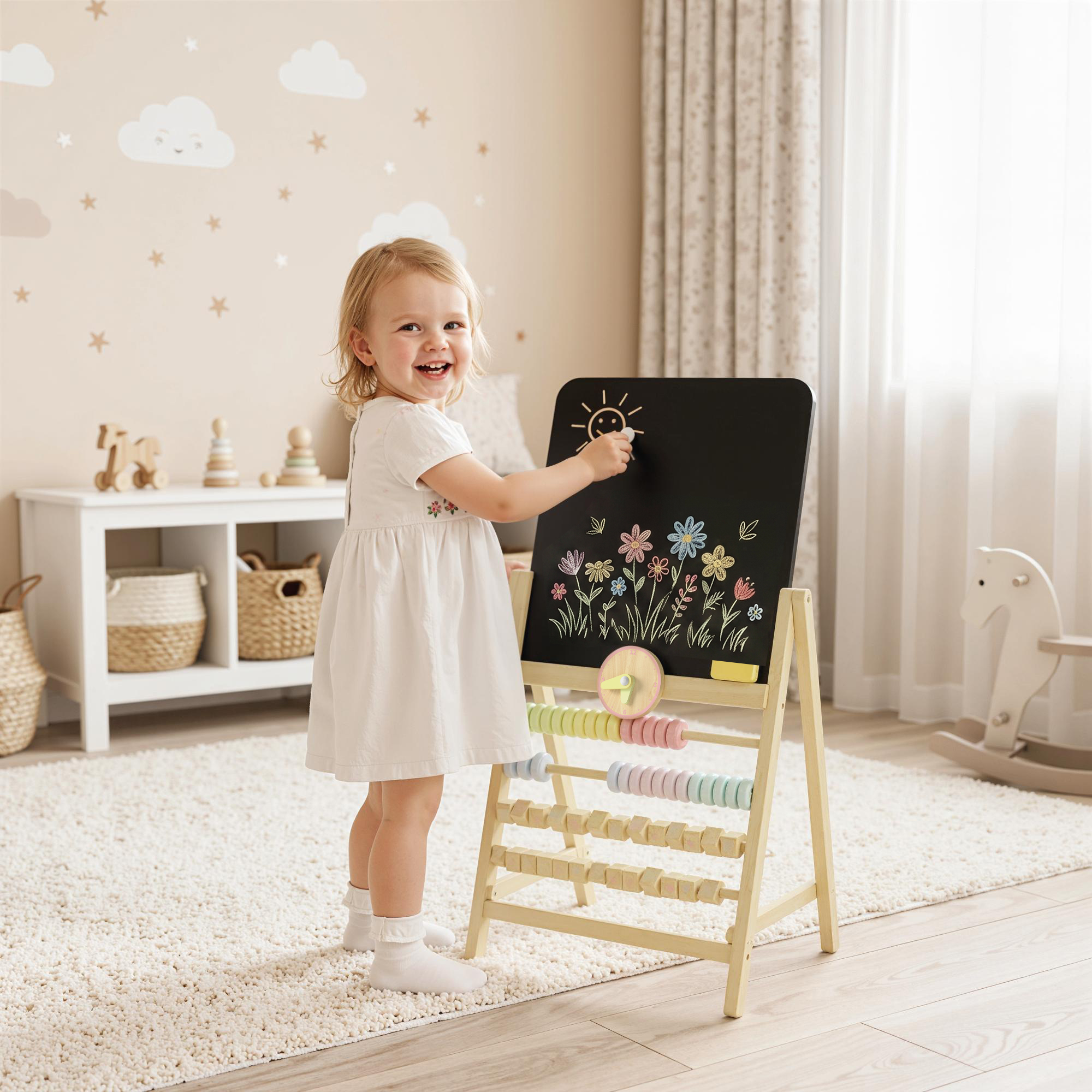 Una niña rubia sonriente con vestido blanco dibuja flores de colores y un sol en una pizarra.