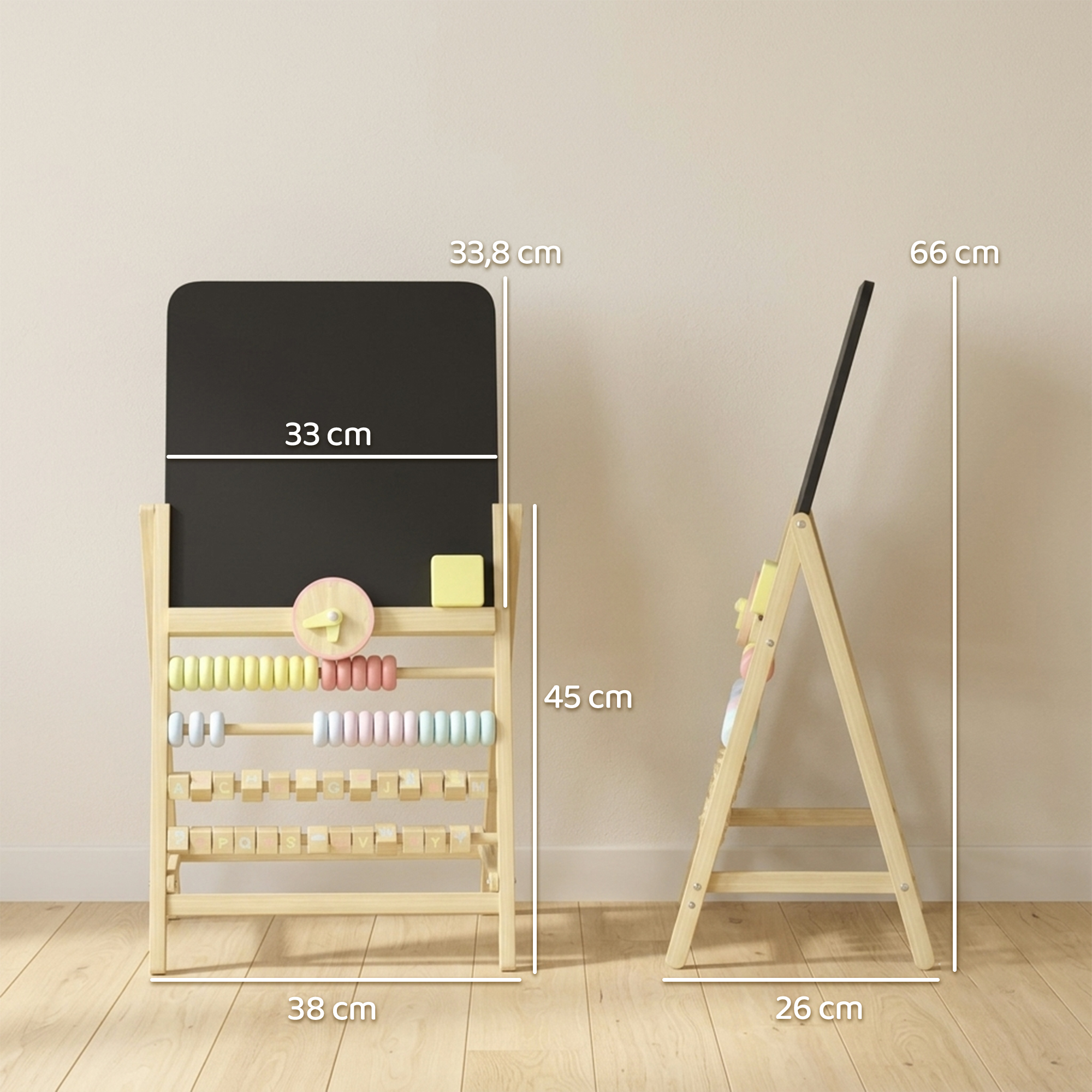 Pizarrón infantil de madera con ábaco, reloj y cubos de letras, midiendo 38x26x66 cm.