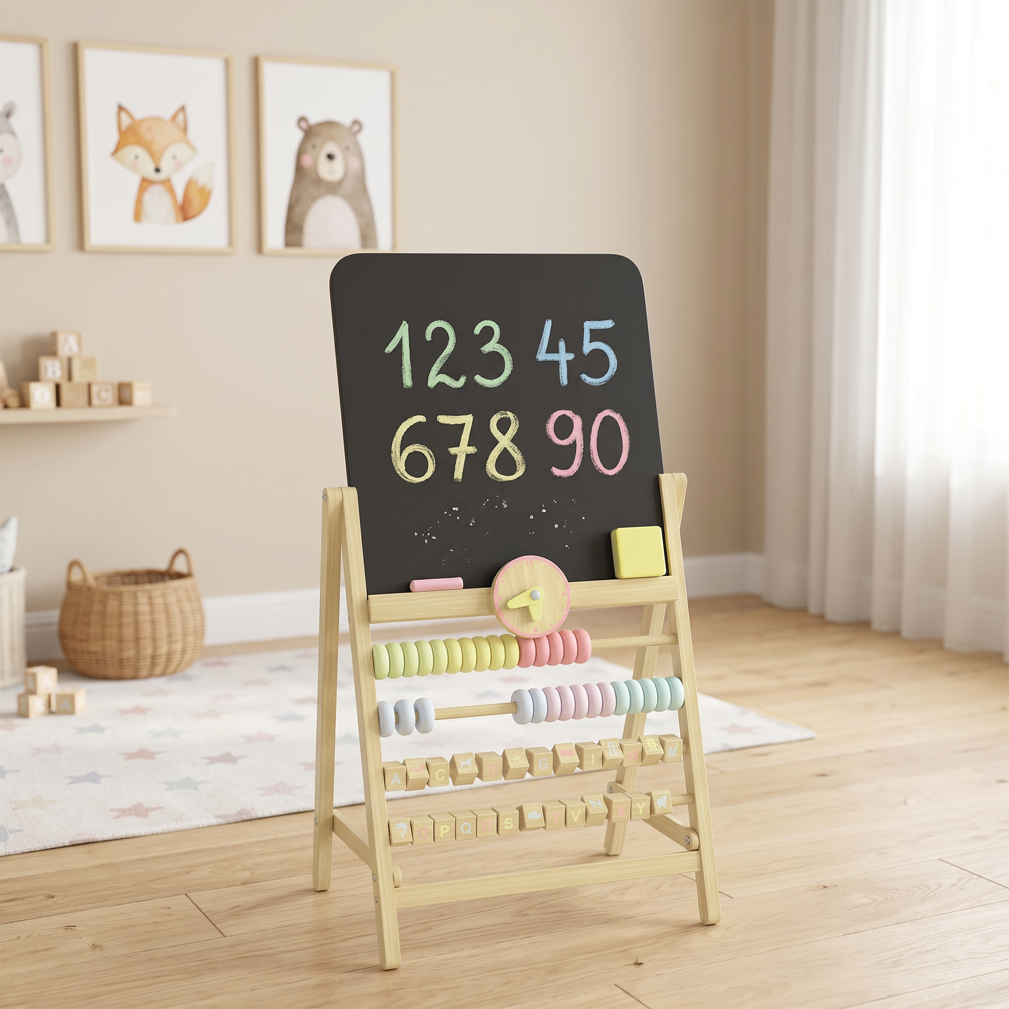 Un caballete de juguete de madera con números, un ábaco y bloques de letras en una habitación infantil.