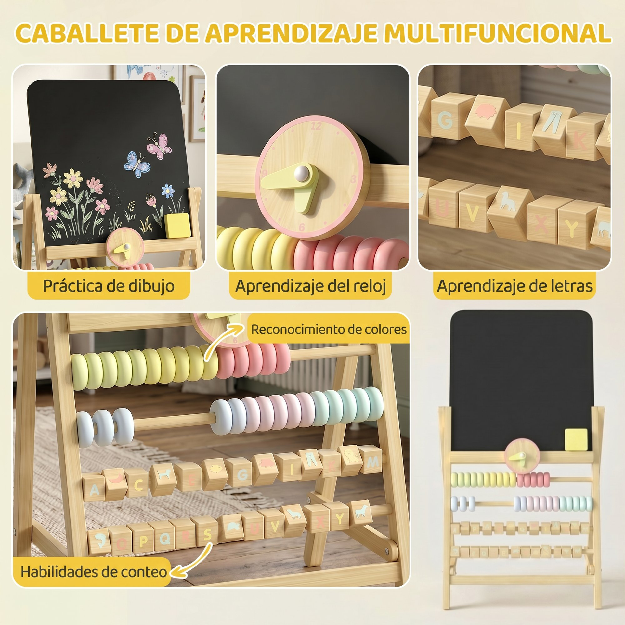 Caballete de aprendizaje de madera con pizarra, reloj, cuentas de colores y bloques de letras.