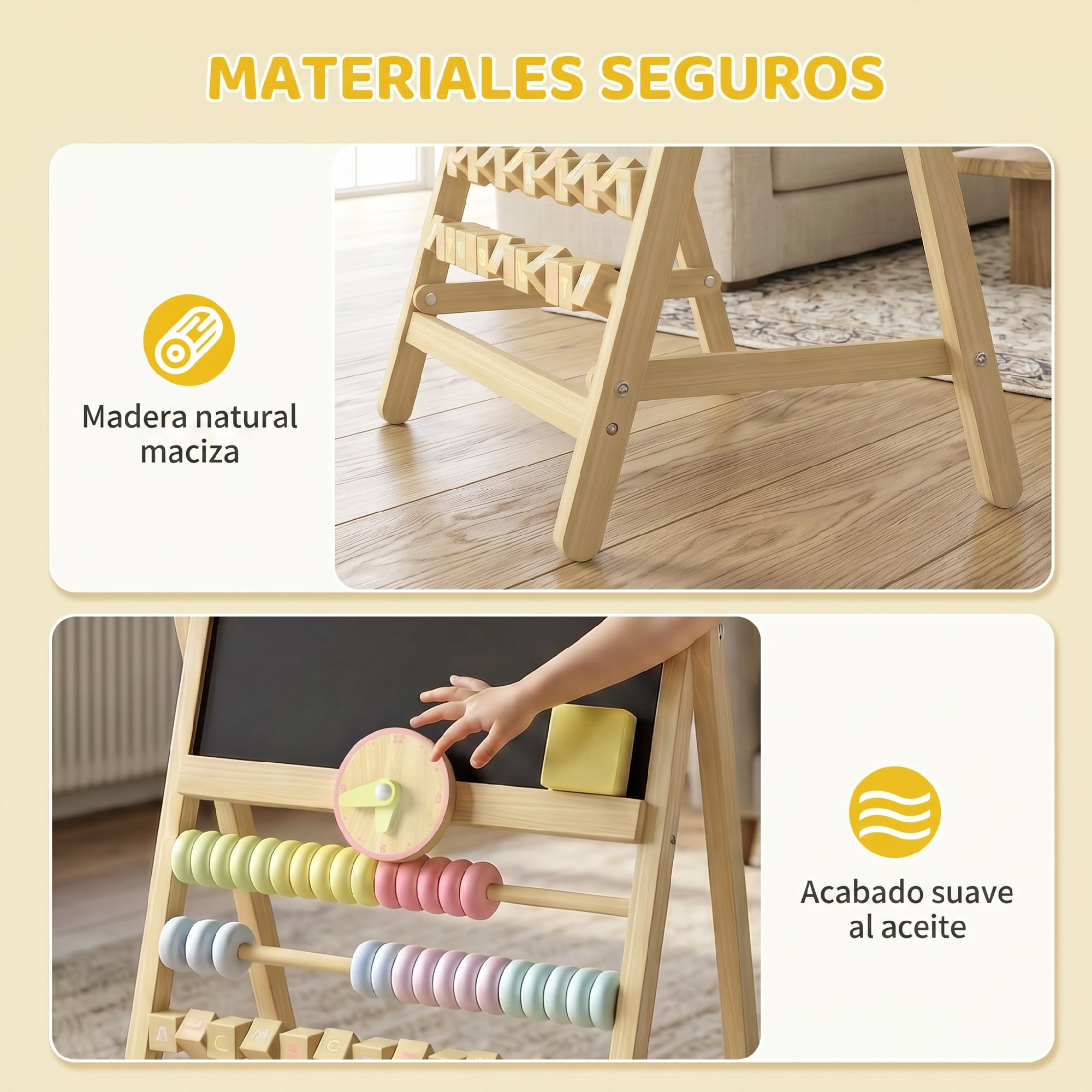 Juguete de madera con ábaco y reloj, mano de niño tocando el reloj.