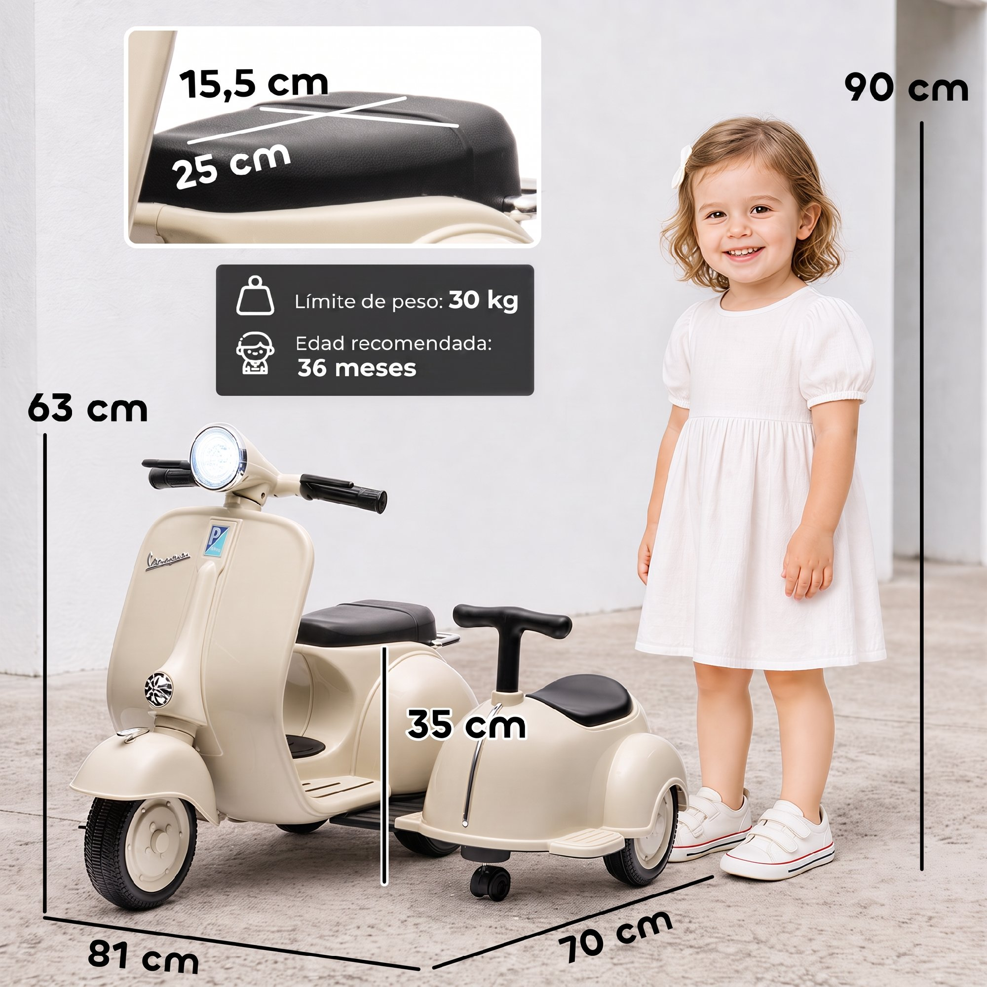 Niña sonriente junto a un patinete infantil beige con medidas, límite de peso y edad.